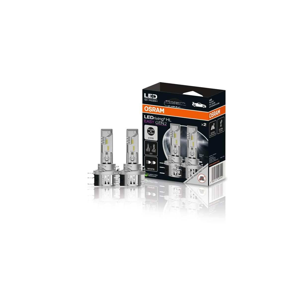 OSRAM LEDriving HL G2 Autoschemwerferebirnen mit ihrer Einzelhandelsverpackung und zwei silbernen LED-Birnen auf weißem Hintergrund.