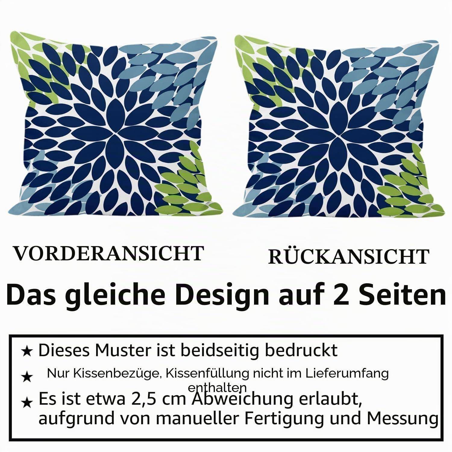 Grafik zeigt Vorder- und Rückseiten desselben gemusterten Kissenbezugs mit deutschem Text, der darauf hinweist, dass es beidseitig bedruckt ist, und erklärt Größenabweichungen und dass die Füllung nicht enthalten ist.
