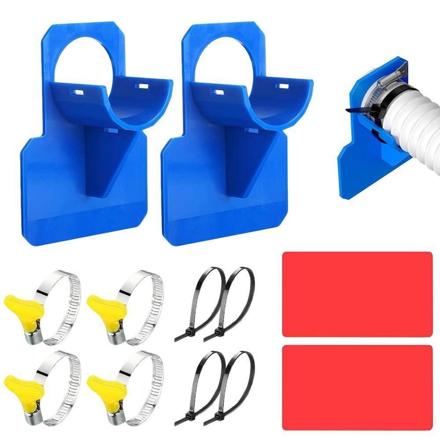 Blaue Kunststoff-Staubsaugerschlauch-Wandhalterungen mit Spannklemmen und roten leeren Etikettenfeldern