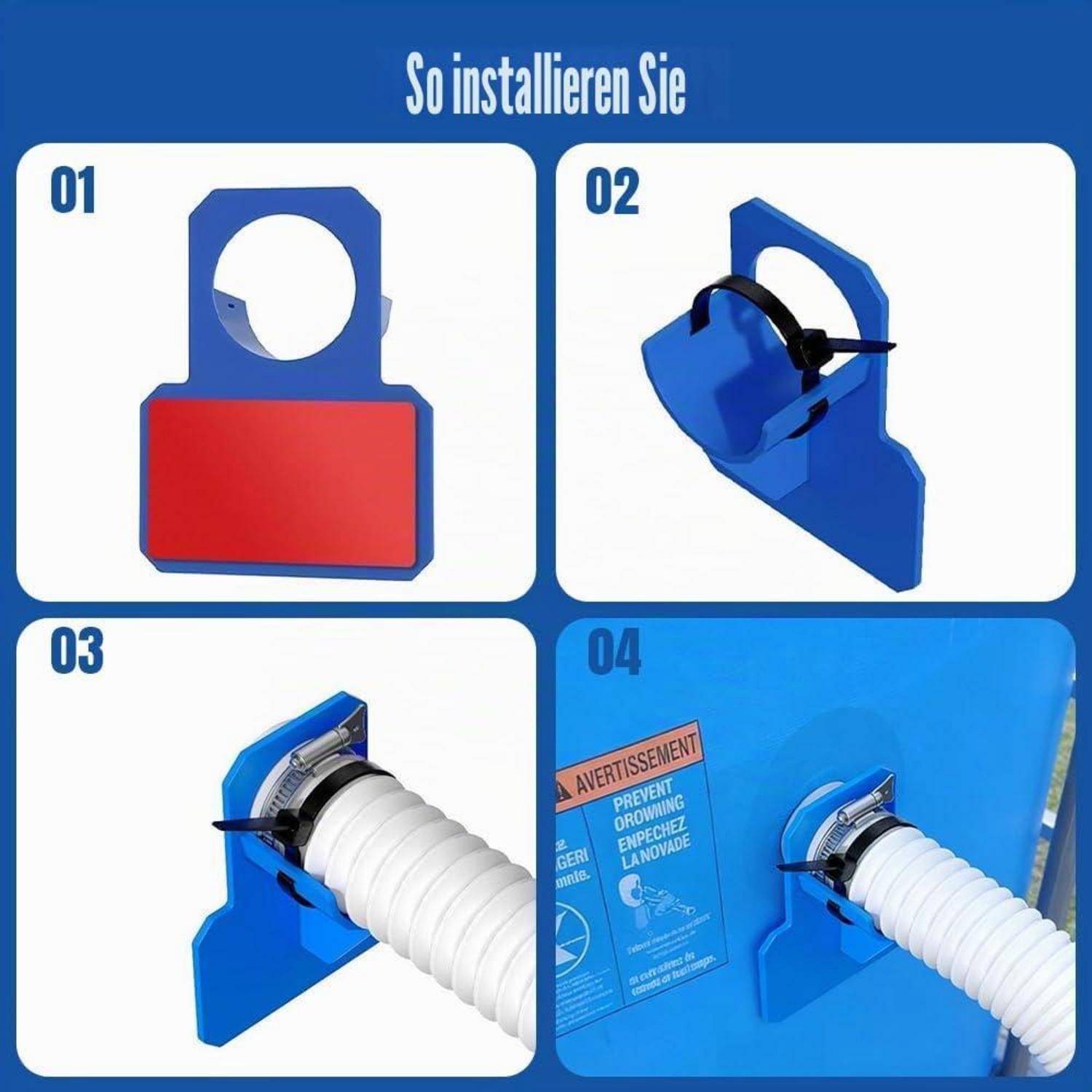 Vier-Schritte-Installationsdiagramm für eine blaue Montageklammer mit einem weißen Schlauch: Klebeplatten anbringen, Klammer mit einem Riemen sichern, Schlauch einführen und auf der blauen Oberfläche montieren.