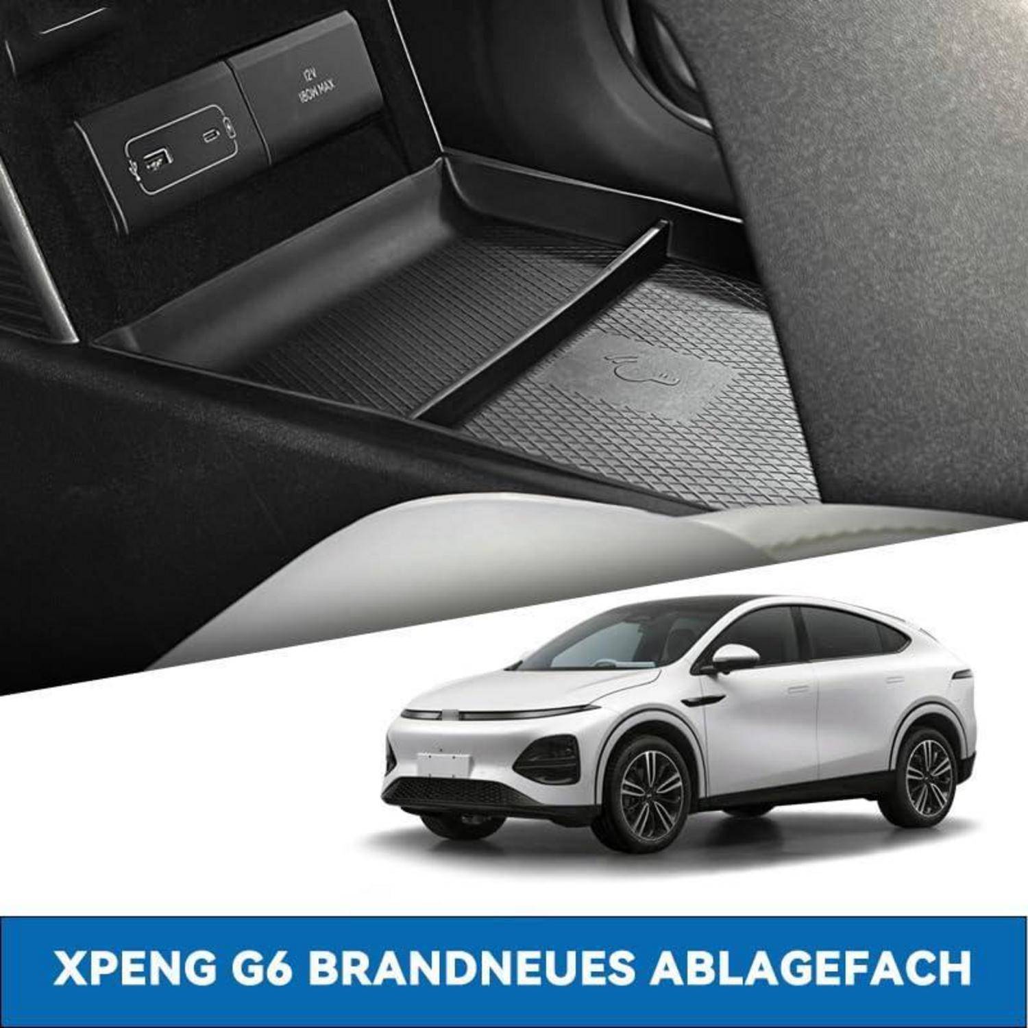 XPENG G6 Innenbehälter mit Wireless-Ladungsbereich, plus ein weißes SUV-Bild und Text "XPENG G6 BRANDNEUES ABLAGEFACH"", das ein neues Staufach anzeigt.