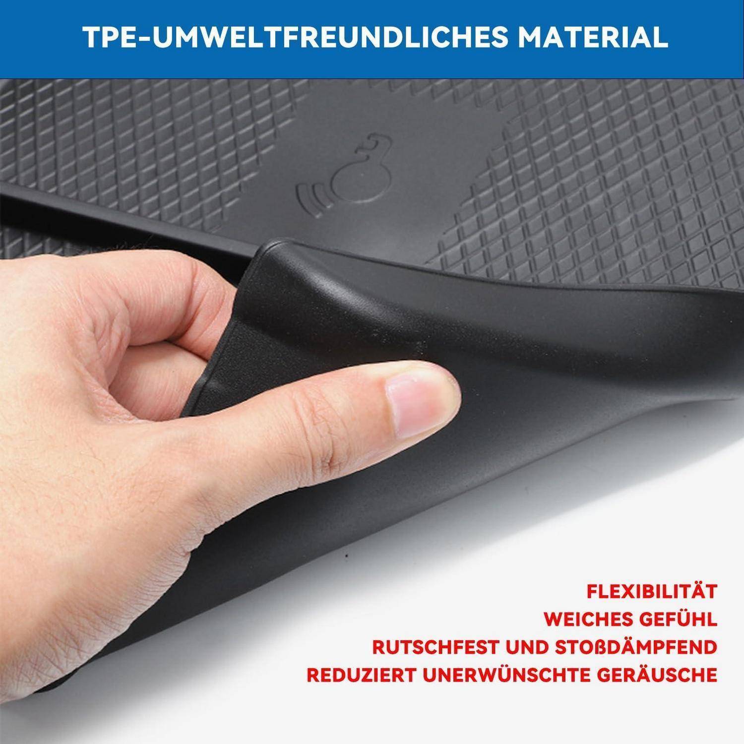 Hand holding a flexible black TPE mat; text says 'TPE-UMWELTFREUNDLICHES MATERIAL' and highlights flexibility, soft feel, impact resistance, and noise reduction.