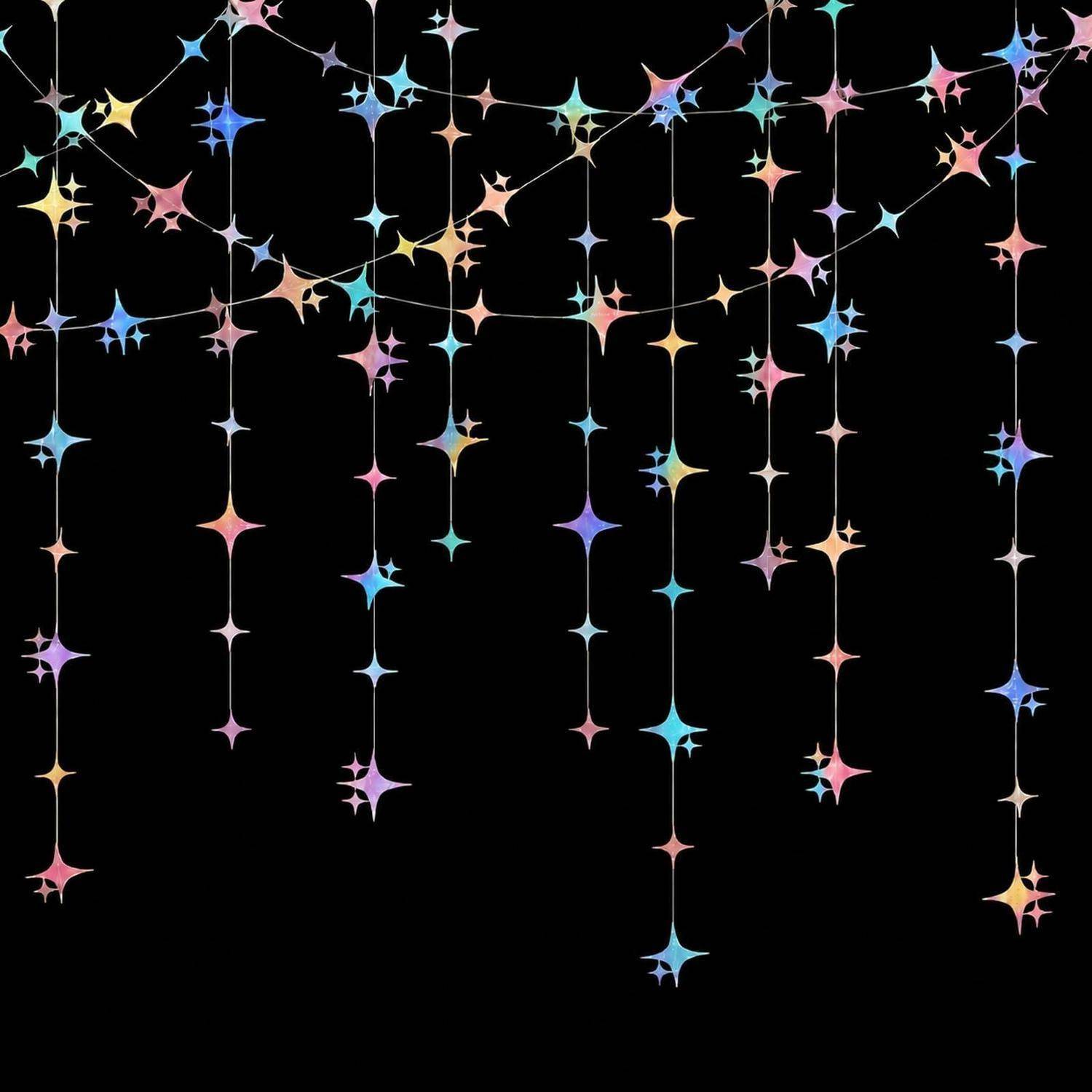 Abstrakte hängende Pastell-Starburst-Muster auf schwarzem Hintergrund, die ein dekoratives funkelndes Muster bilden.