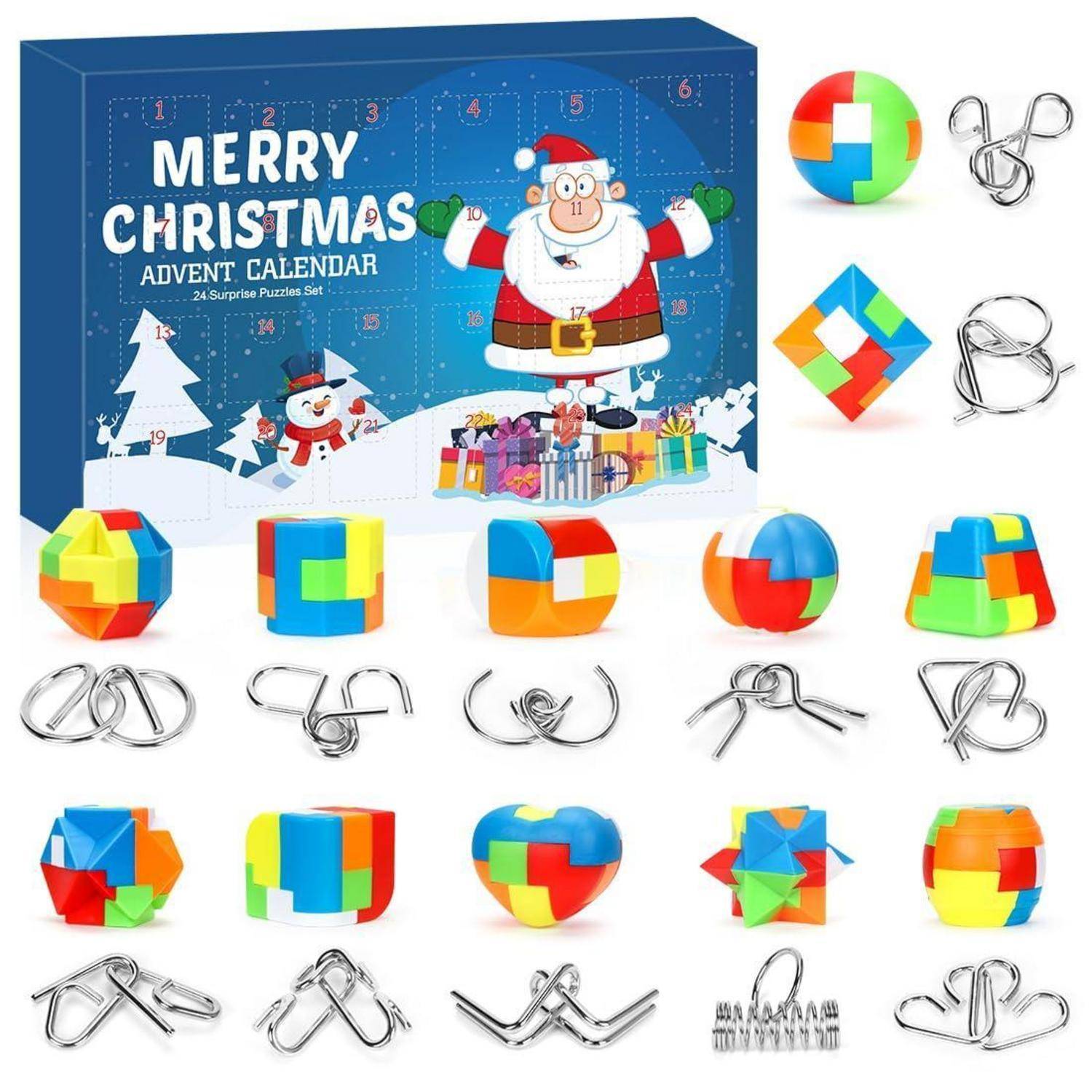 Adventskalender-Puzzle-Set-Box mit der Aufschrift „FROHE WEIHNACHTEN