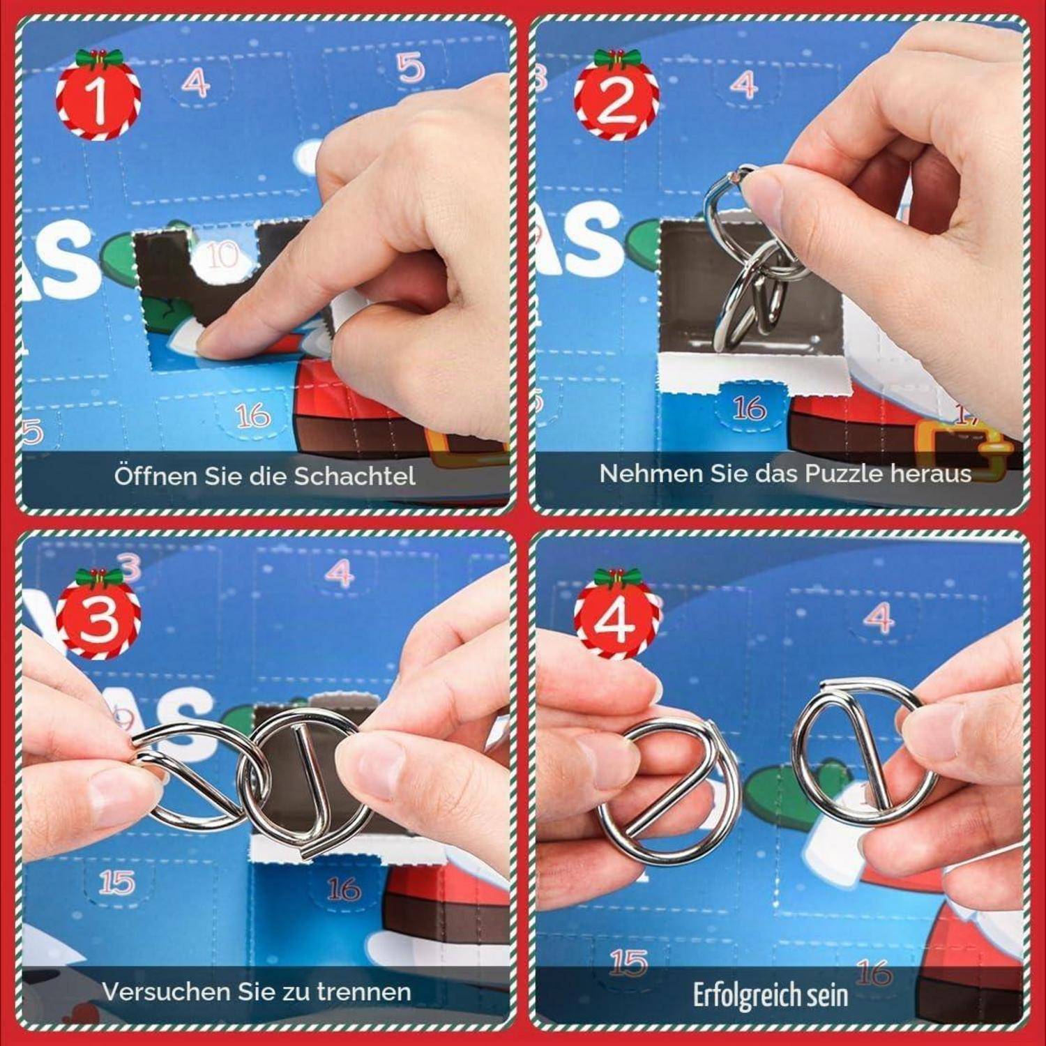 Vierschrittiger Leitfaden zum Entwirren von Rätseln: Öffnen Sie die Schachtel, entfernen Sie das Rätsel, versuchen Sie, die verbundenen Metallringe zu trennen, dann lösen sich die Ringe voneinander.