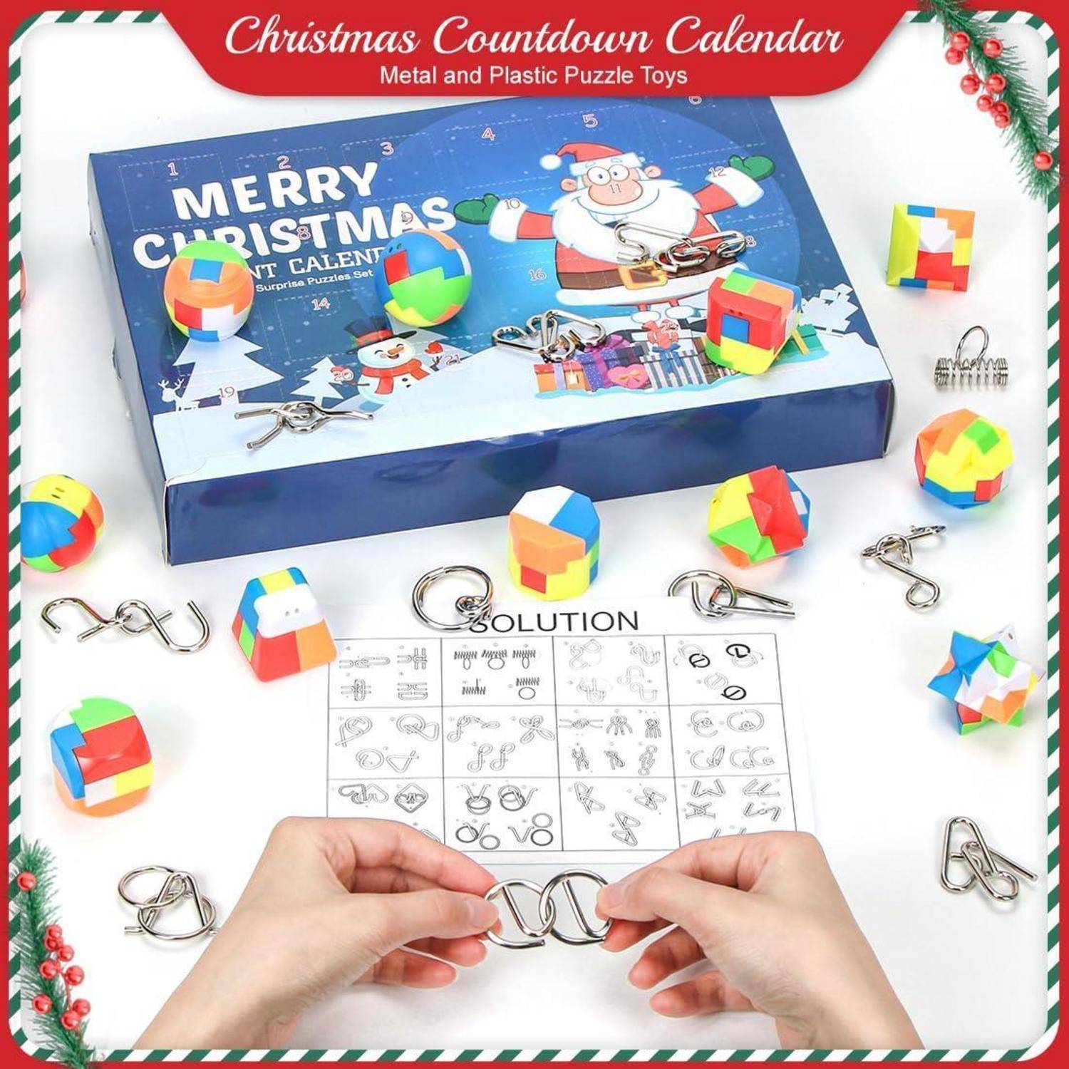 Weihnachts-Countdown-Kalender Puzzlespielzeugset mit einer "Frohe Weihnachten""-Box, bunten Metall- und Kunststoffpuzzleteilen und Händen, die ein Drahtpuzzle lösen