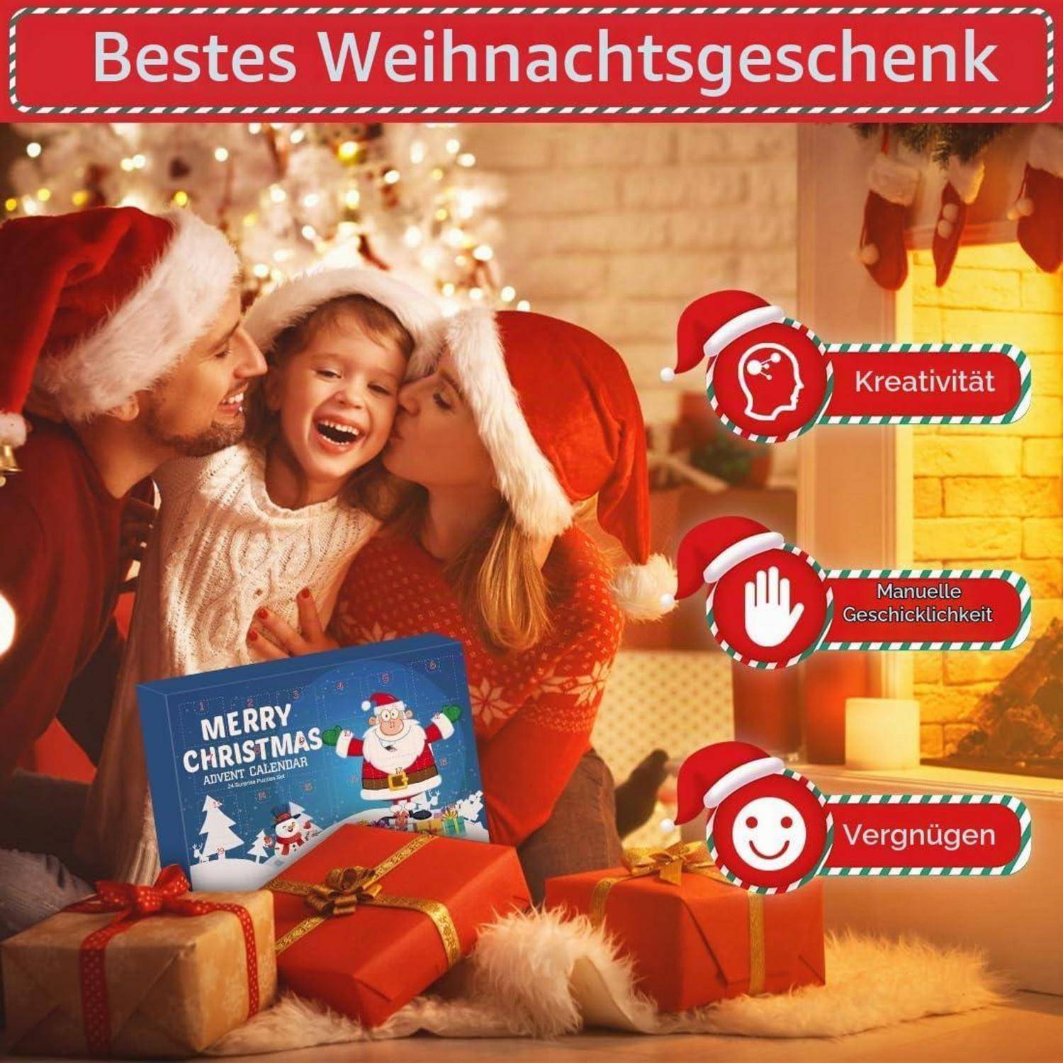 Weihnachtsthematische Anzeige mit einer Familie in Weihnachtsmützen, die einen Adventskalender öffnet; die Schlagzeile lautet „Bestes Weihnachtsgeschenk" und Beschriftungen heben Kreativität, handwerkliche Fähigkeiten und Spaß hervor.