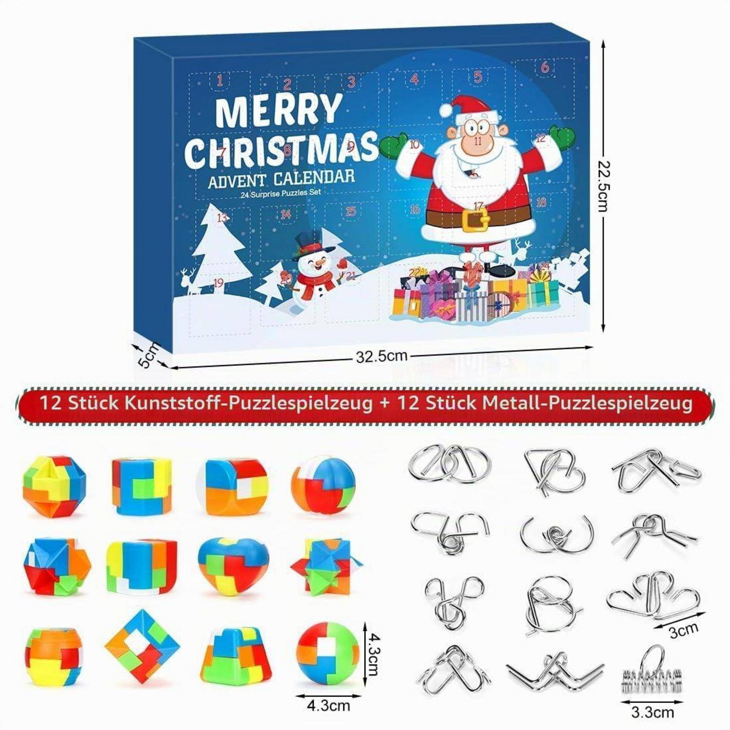 Weihnachts-Adventskalender-Rätselspielsatz mit „Frohe Weihnachten" und 24 Überraschungsrätseln; beinhaltet 12 Kunststoff- und 12 Metallrätsel, die unten gezeigt werden.