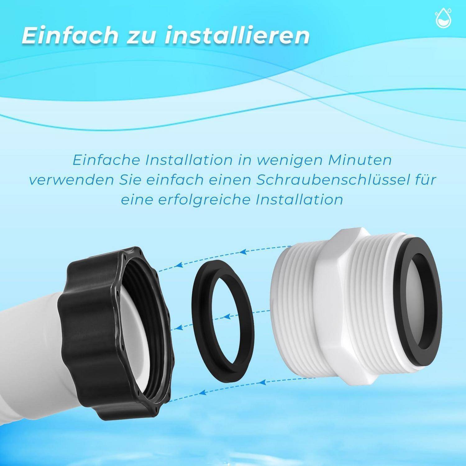 Deutsches Installationsdiagramm, das einen Gewindeverbinder zeigt, der mit einer schwarzen Mutter und einem Dichtungsring montiert ist, gekennzeichnet mit „Einfach zu installieren