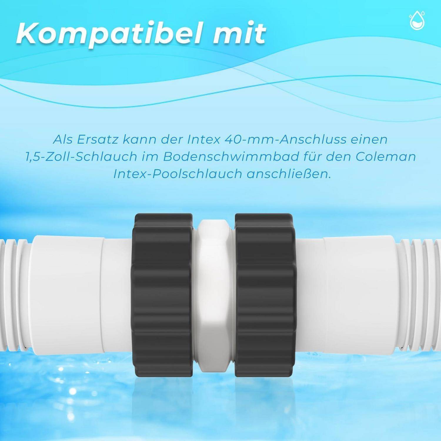 Adapterkupplung für 1,5-Zoll-Poolschlauch zu Intex-40-mm-Anschluss, beschriftet mit „Kompatibel mit