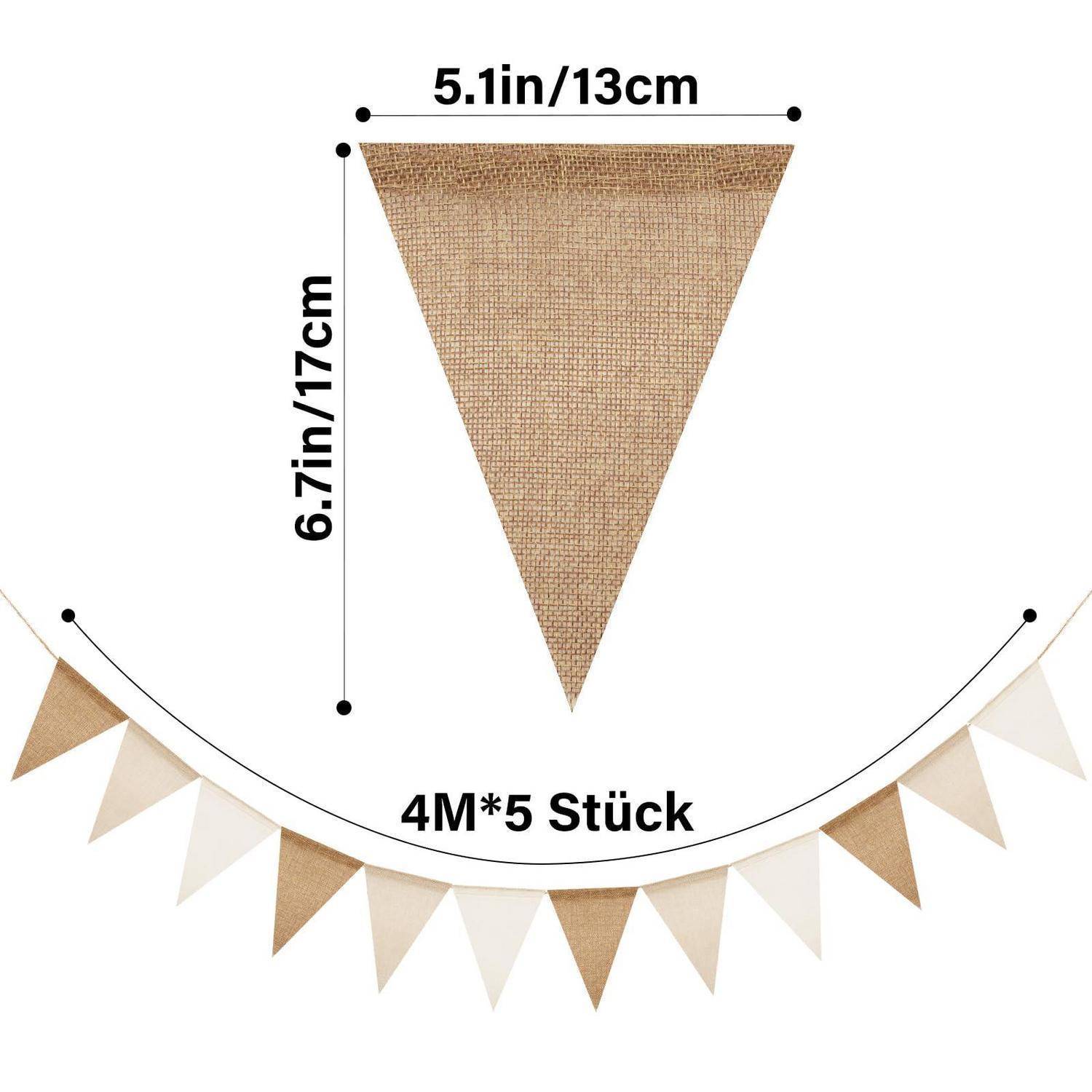 Burlap-Dreiecksflaggengirlande mit Abmessungen von 5,1 Zoll/13 cm Breite und 6,7 Zoll/17 cm Länge; der Text unten besagt „4M*5 Stück" für ein 4-Meter-Set mit 5 Stücken.