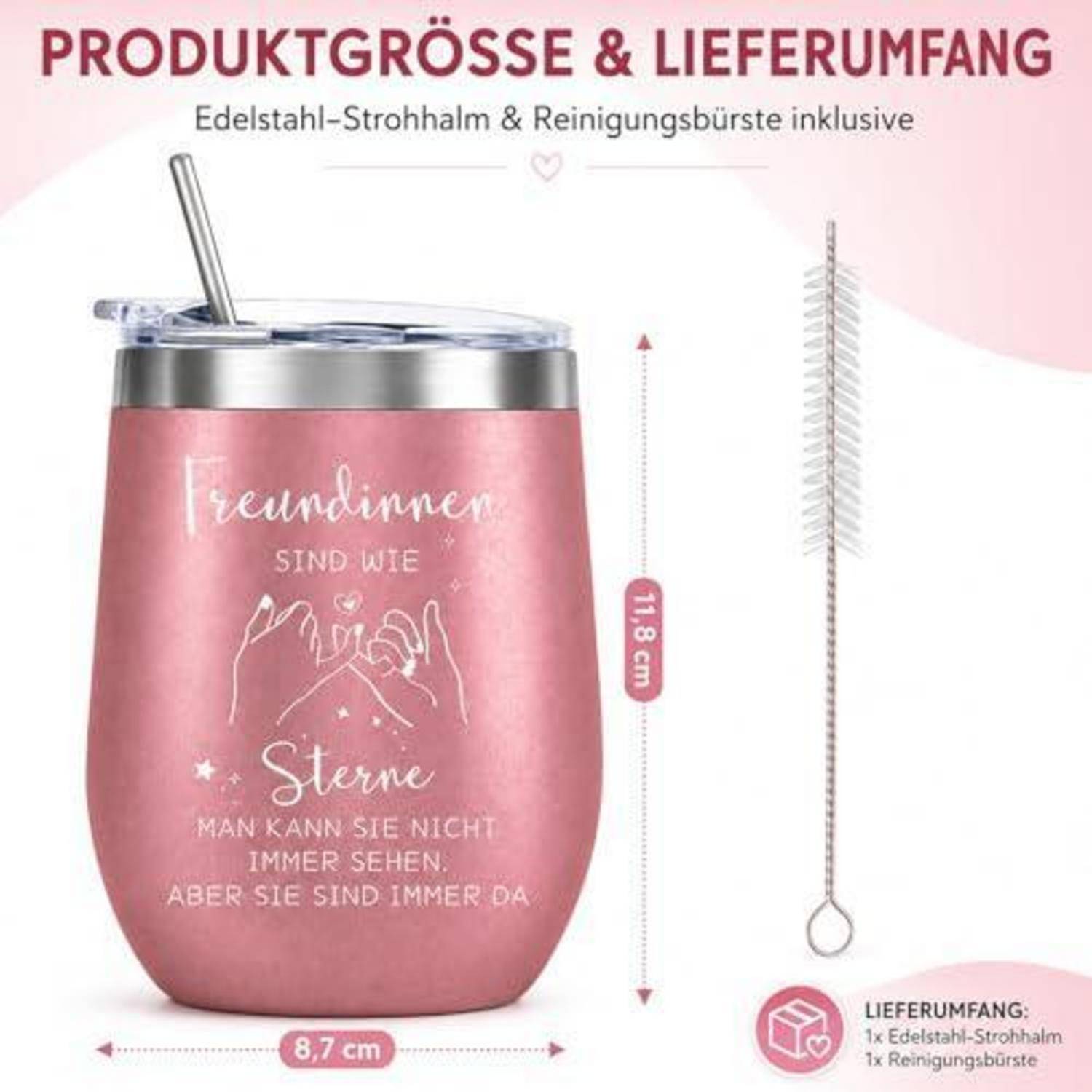 Rosa isolierter Becher mit Strohhalm und Reinigungsbürste; deutscher Text auf dem Becher, Größe 17,8 cm hoch und 8,7 cm breit, mit „Produktgröße & Lieferumfang" angezeigt.