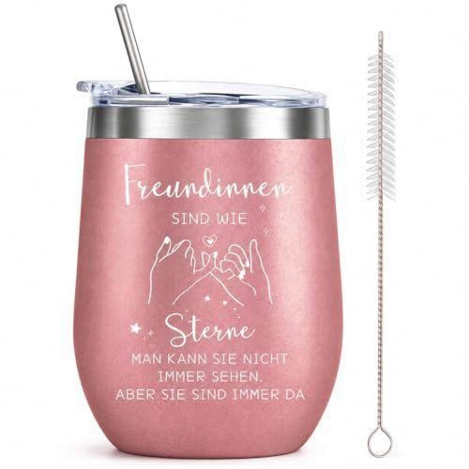 Rosa isolierte Trinkflasche mit Strohhalm und Reinigungsbürste, bedruckt auf Deutsch: 'Freundinnen sind wie Sterne ... aber sie sind immer da.