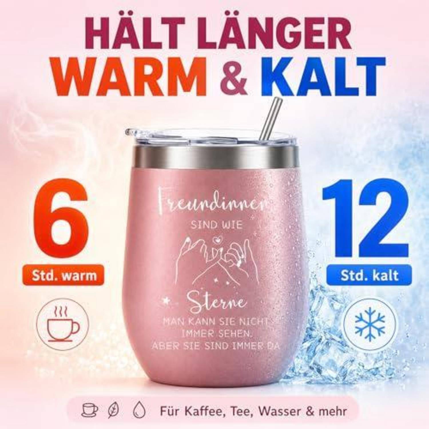 Anzeige für einen rosa isolierten Becher mit Strohhalm, der zeigt, dass Getränke 6 Stunden heiß und 12 Stunden kalt bleiben; deutscher Text sagt, dass er für Kaffee, Tee, Wasser und mehr geeignet ist.