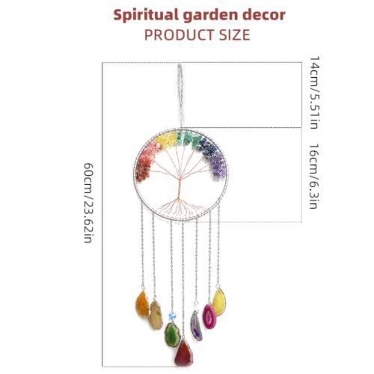 Produktgrößen-Diagramm für ein "Spiritual garden decor"" Hängeornament, 60 cm hoch mit einem 14 cm breiten oberen Bereich und einem 16 cm breiten kreisförmigen Mittelteil.