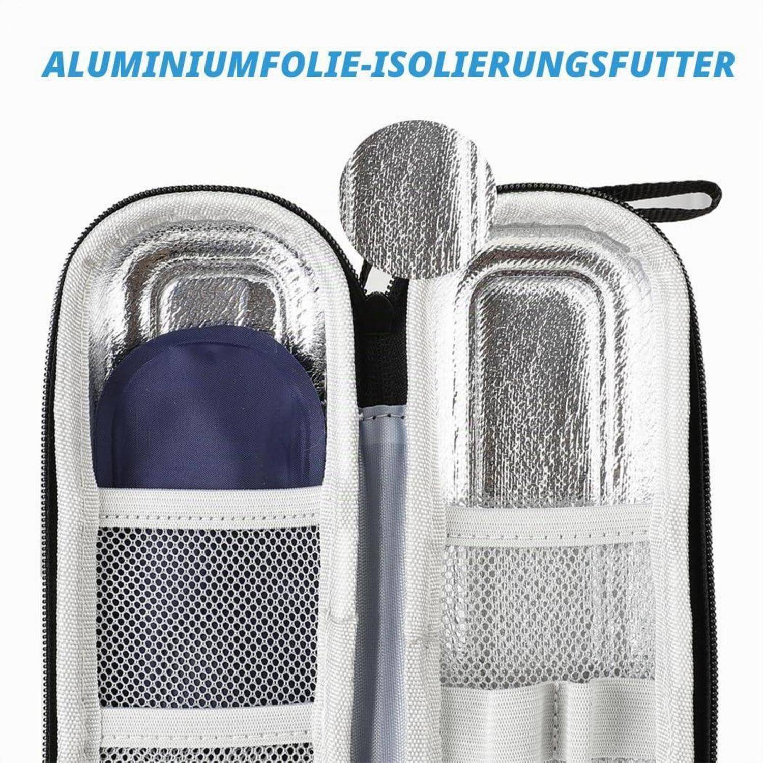 Silberfolien-isolierter Kinderwagen-Fußsack mit reißverschlossenem Vorderteil und Netzfach, mit der Bezeichnung „ALUMINIUMFOLIE-ISOLIERUNGSFUTTER".