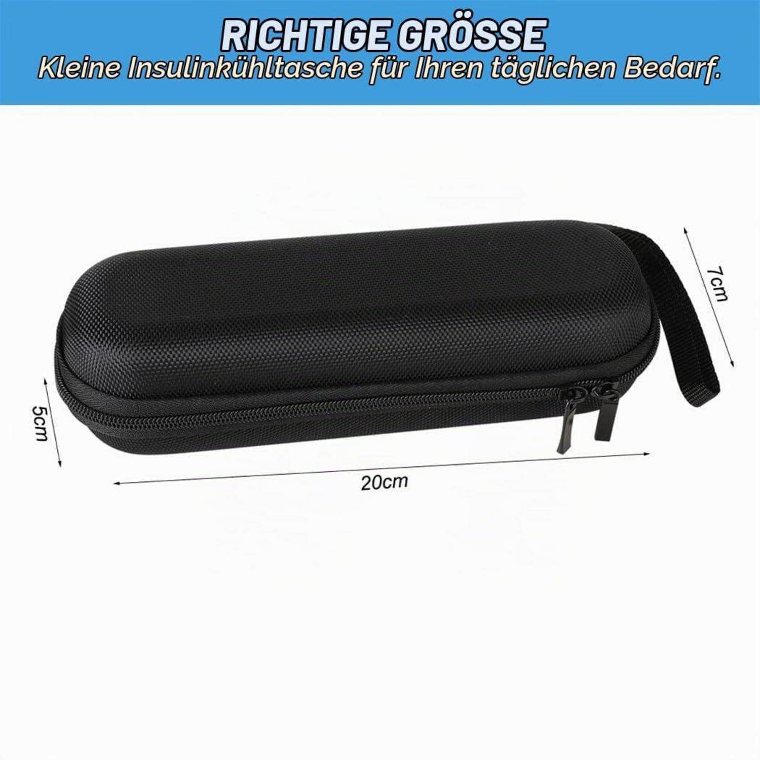 Schwarzes isoliertes Etui mit Reißverschluss und Handgelenkschlaufe, beschriftet mit „Richtige Grösse"; Abmessungen: 20 cm lang, 7 cm breit, 5 cm hoch.