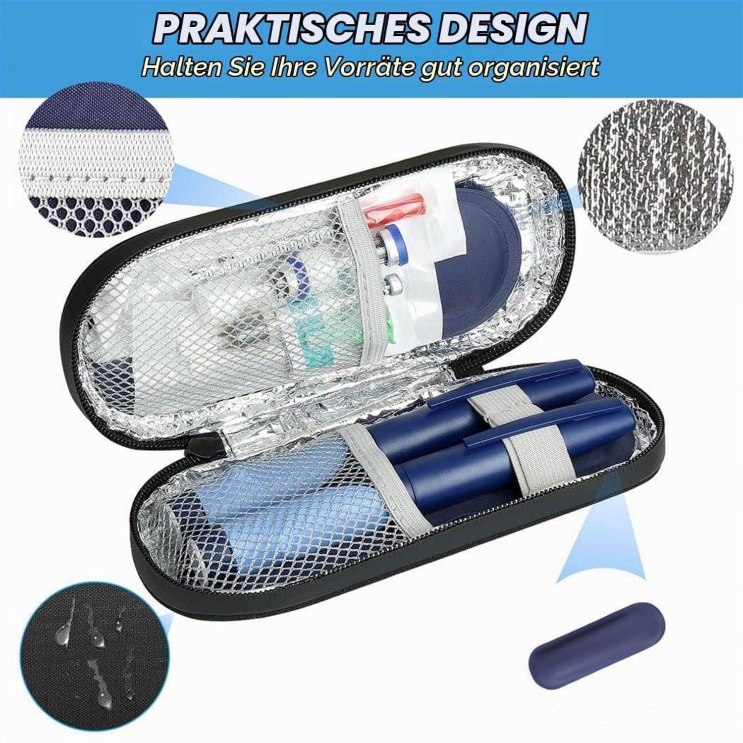 Hartschalenreißverschluss-Organizer-Etui mit Netzfächern für kleine Flaschen, Grooming-Artikel und Stifte; deutscher Text lautet „PRAKTISCHES DESIGN" und „Halten Sie Ihre Vorräte gut organisiert"".