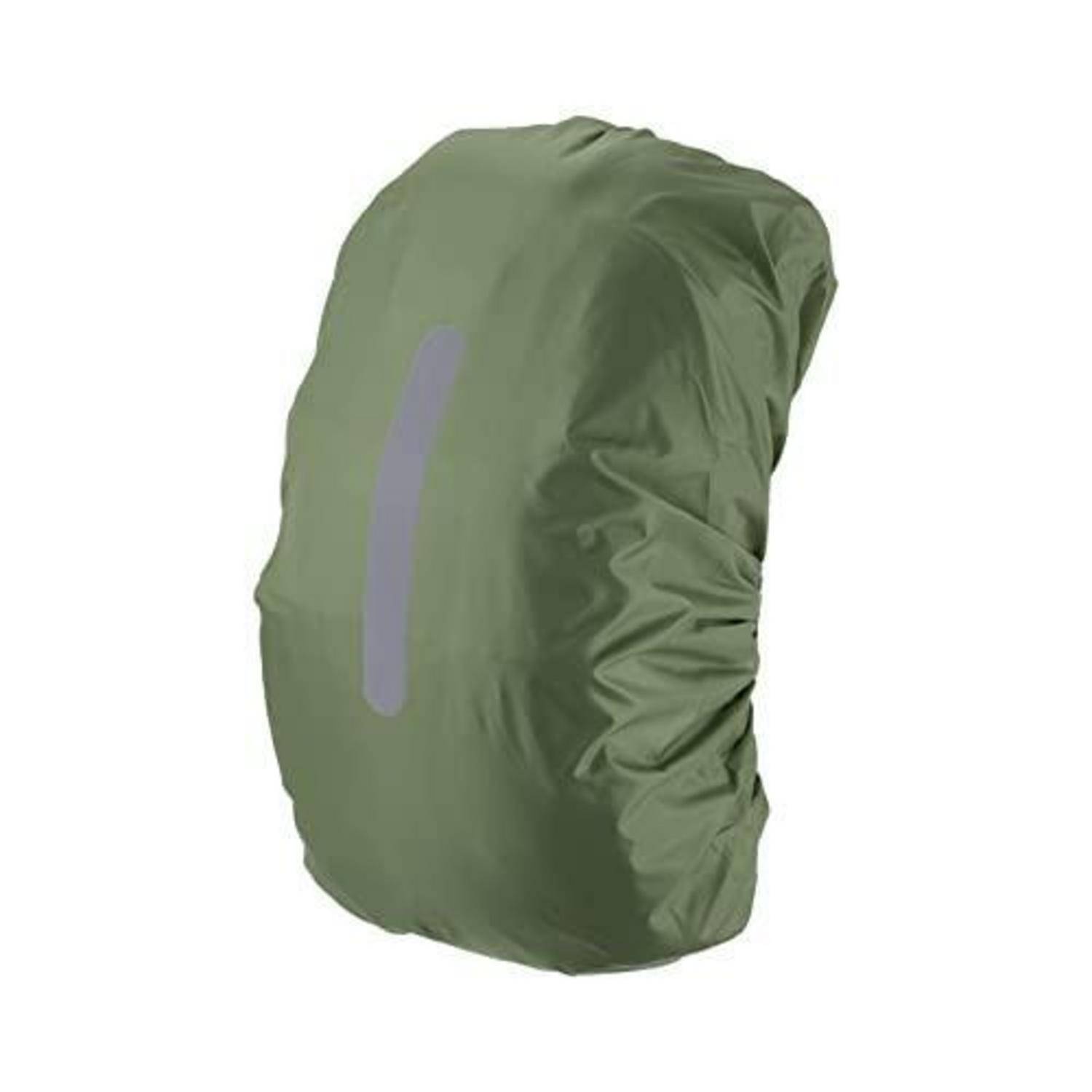 Grüner Rucksack-Regenschutz mit vertikalem Reflektorstreifen, gezeigt auf weißem Hintergrund.