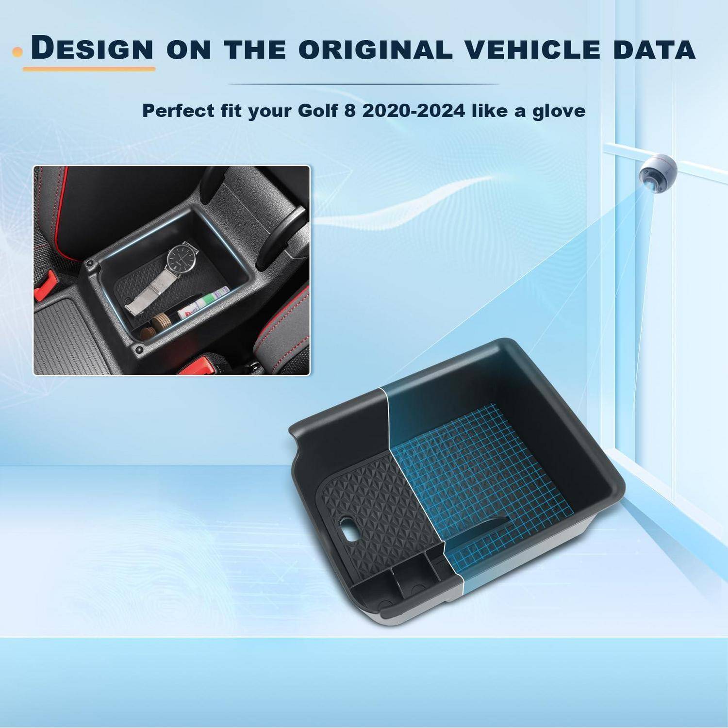Werbegrafik für ein maßgeschneidertes Mitteltablettfach für einen Golf 8 2020-2024, das ein angepasstes schwarzes Organizer-Tablettfach und ein Einfoto davon zeigt, das in einer Autokonsole installiert ist.