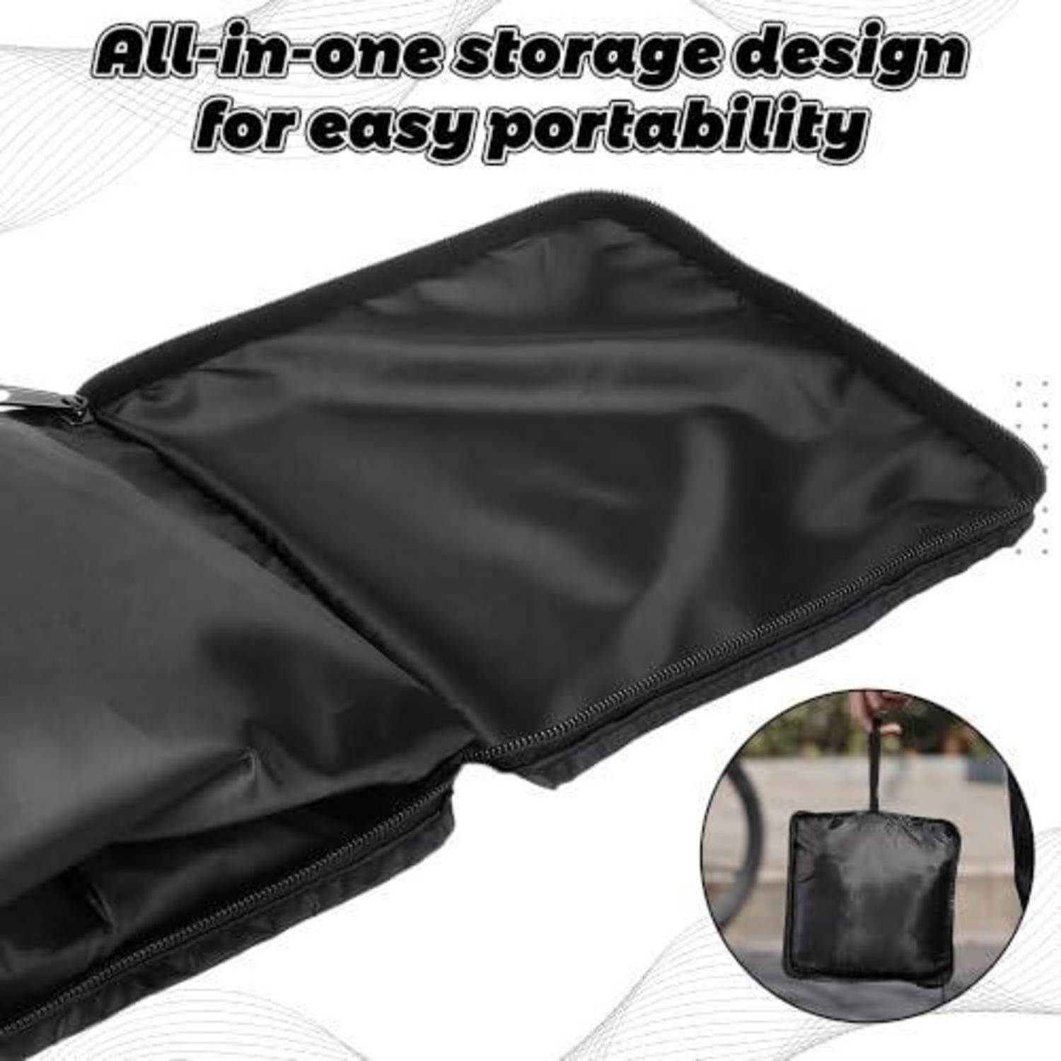 Schwarze Reißverschlusstasche für Speicherung, offen gezeigt, wobei das All-in-One-Speicherdesign für einfache Tragbarkeit hervorgehoben wird, mit einer kleinen gefalteten Tasche im Inset.