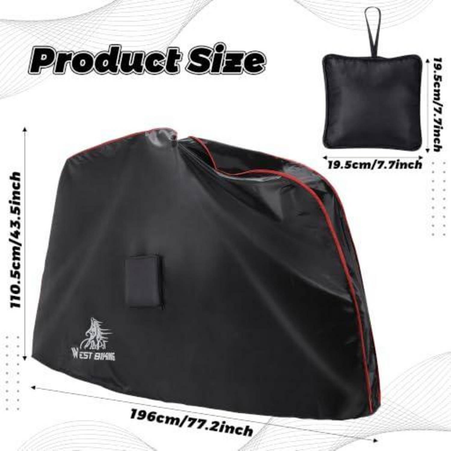Größendiagramm einer schwarzen Fahrradsattel-Schutztasche: Die Hauptschutzhülle misst 196 cm lang und 110,5 cm hoch; die gefaltete Tasche misst 19,5 cm im Quadrat.