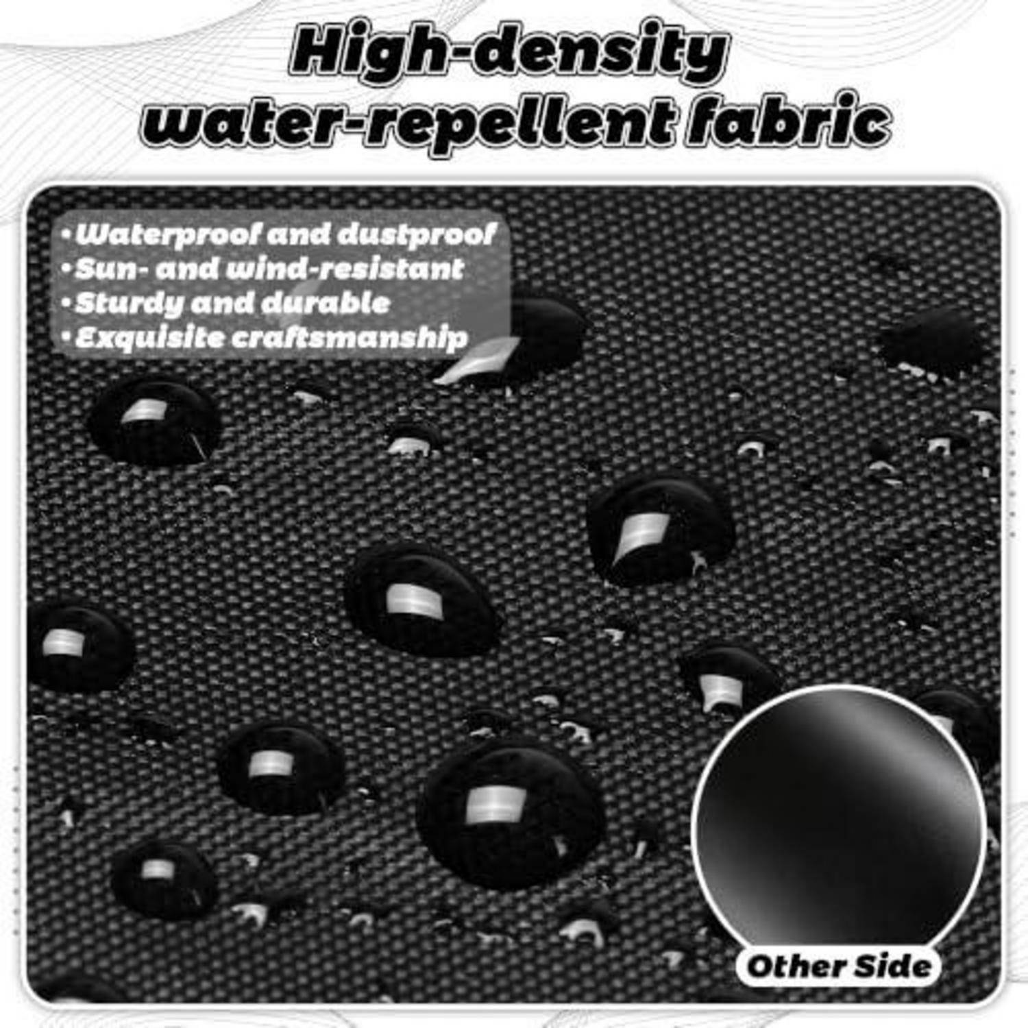 Anzeige für hochdichtes, wasserabweisendes Gewebe mit Wassertropfen, die auf schwarzem Material abperlen; der Text listet auf: wasserdicht, staubdicht, sonnen- und windbeständig, langlebig.
