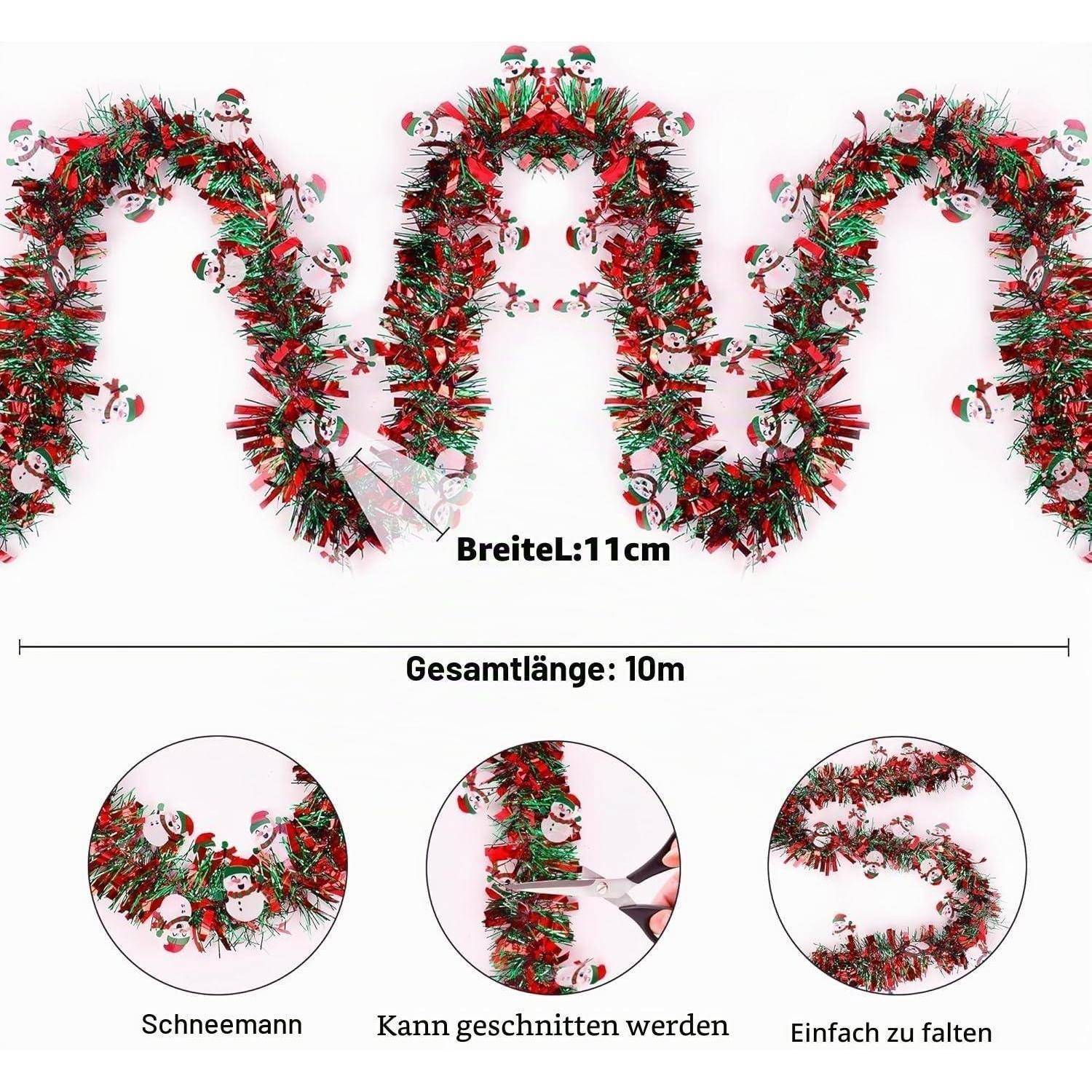 Produktbild einer Weihnachtsgirlande, 11 cm breit und 10 m lang, gezeigt mit Details, dass sie geschnitten und leicht gefaltet werden kann.
