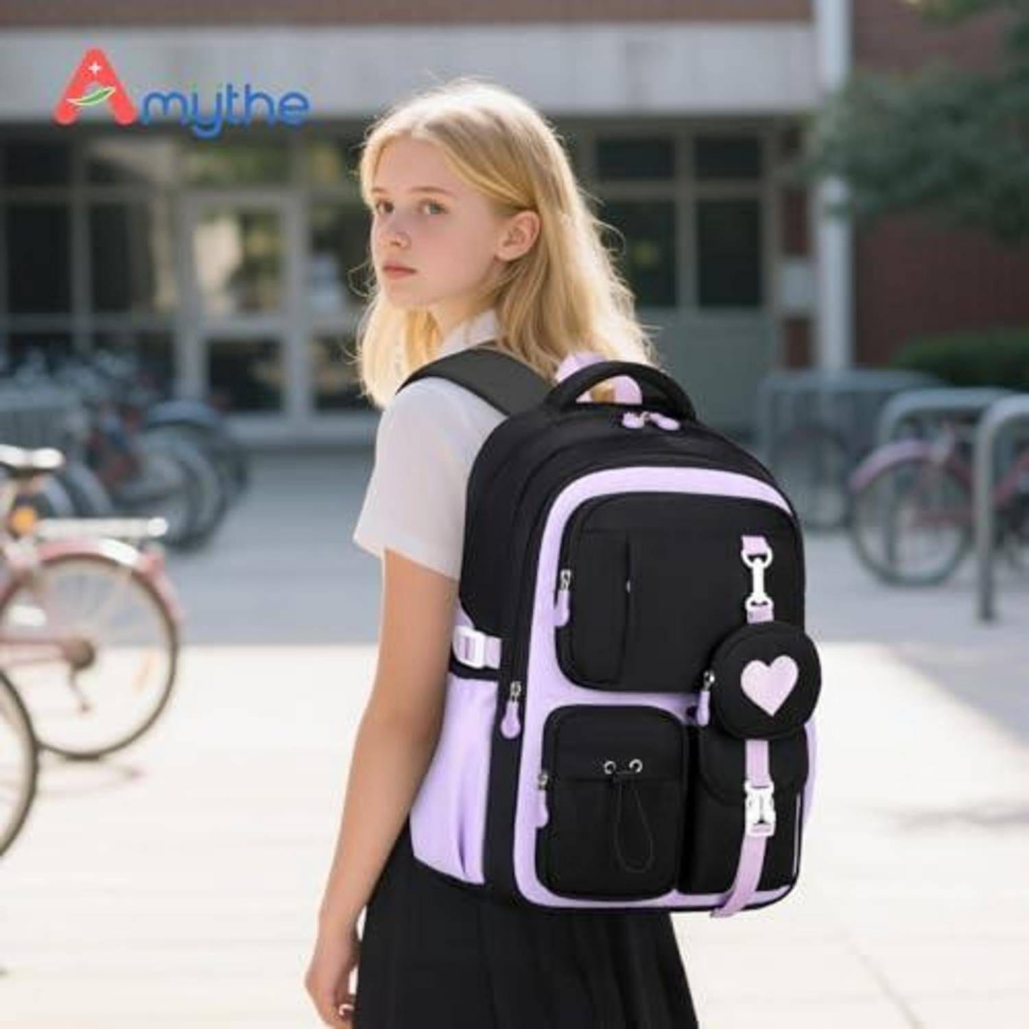 Blonde Schülerin, die draußen steht und mit einem schwarz-violetten Rucksack über die Schulter zurückblickt.