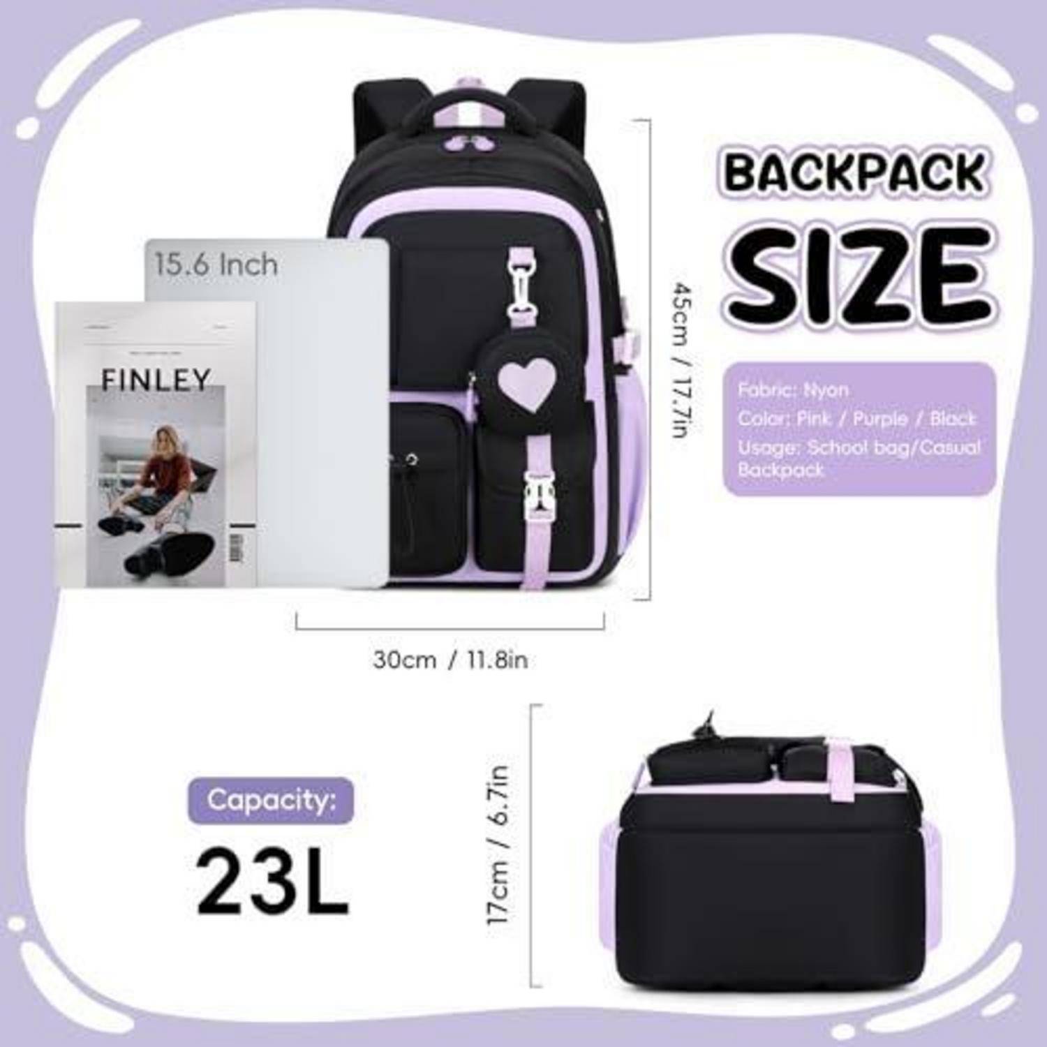 Größentabelle für Rucksäcke mit einer schwarzen und violetten Schultasche, 45 cm hoch, 30 cm breit, 17 cm tief, passt für einen 15,6-Zoll-Laptop, 23 l Fassungsvermögen.