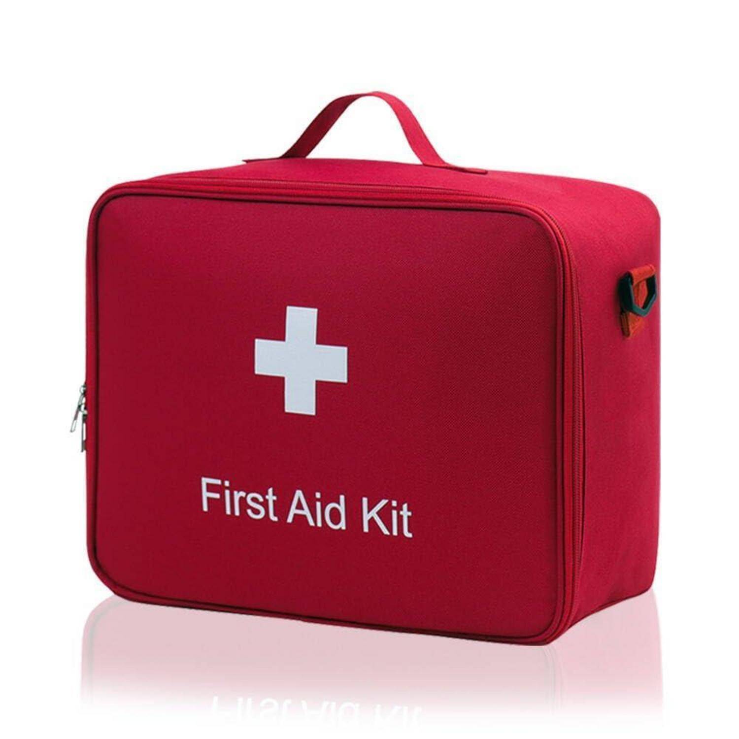 Rote Erste-Hilfe-Tasche mit weißem Kreuz und der Aufschrift „First Aid Kit