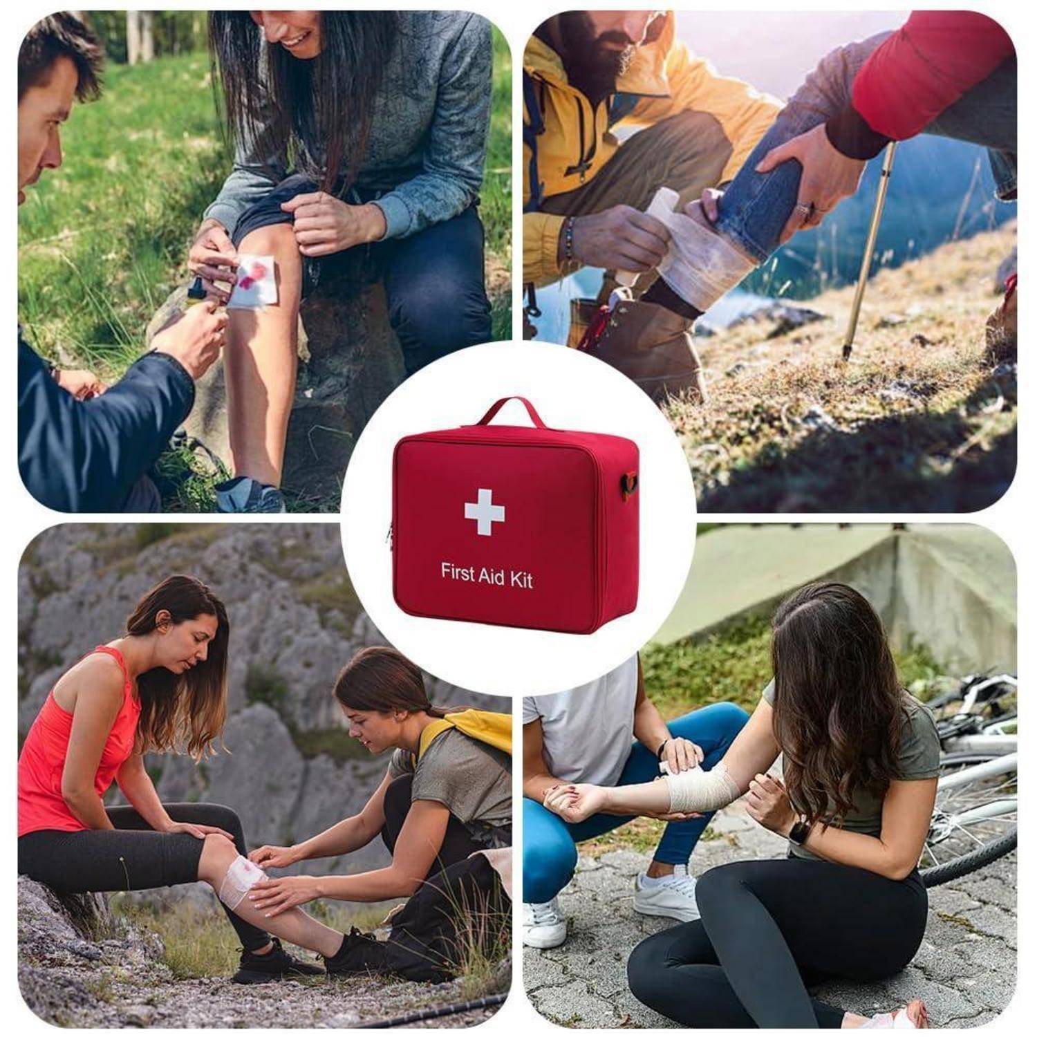 Collage mit Menschen, die Verletzungen im Freien behandeln, mit einem roten Erste-Hilfe-Kasten in der Mitte und dem Verbinden von Schnitten und Verstauchungen an Beinen und Knöcheln.