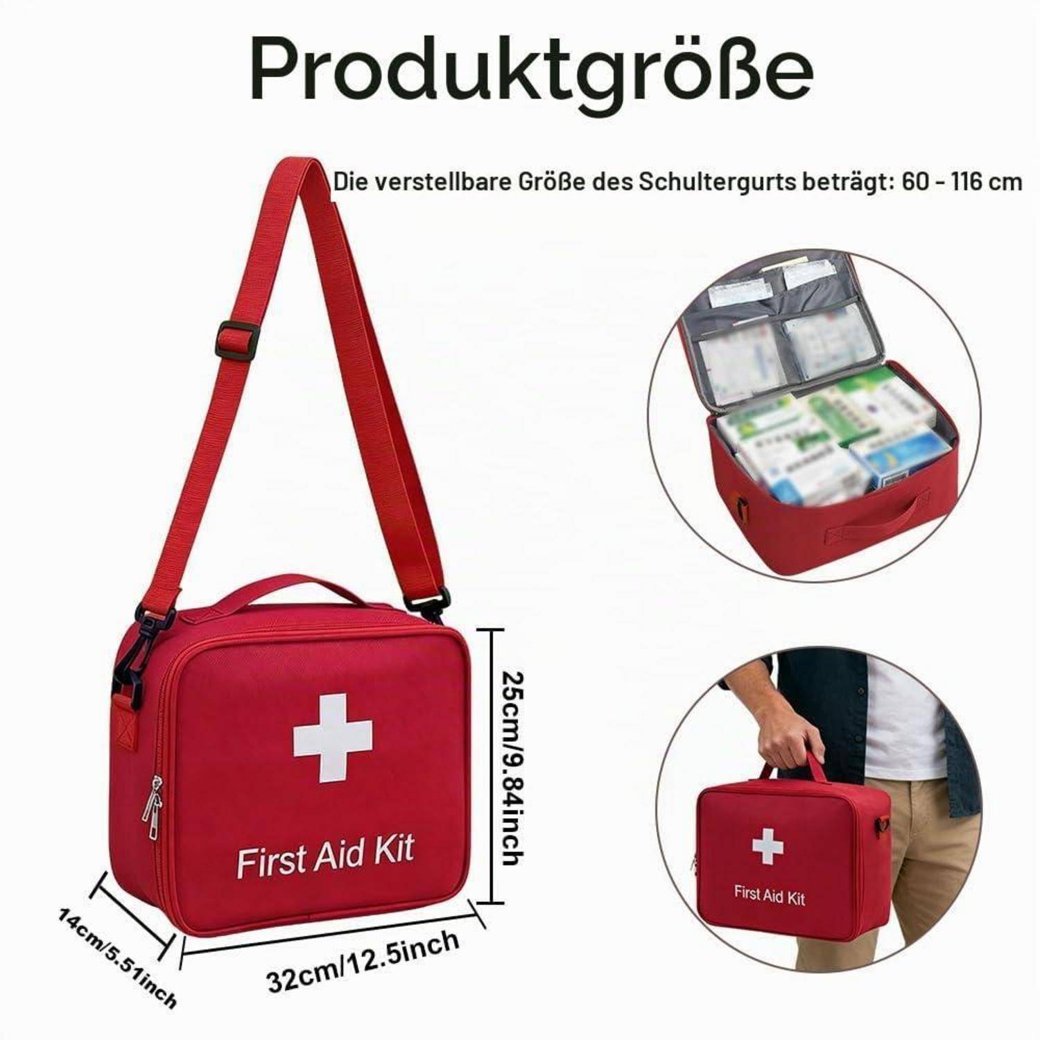 Rote Erste-Hilfe-Tasche mit verstellbarem Schultergurt, beschriftet mit „First Aid Kit"; Produktgröße beträgt 32 cm breit, 25 cm hoch, 14 cm tief, Gurt 60–116 cm.