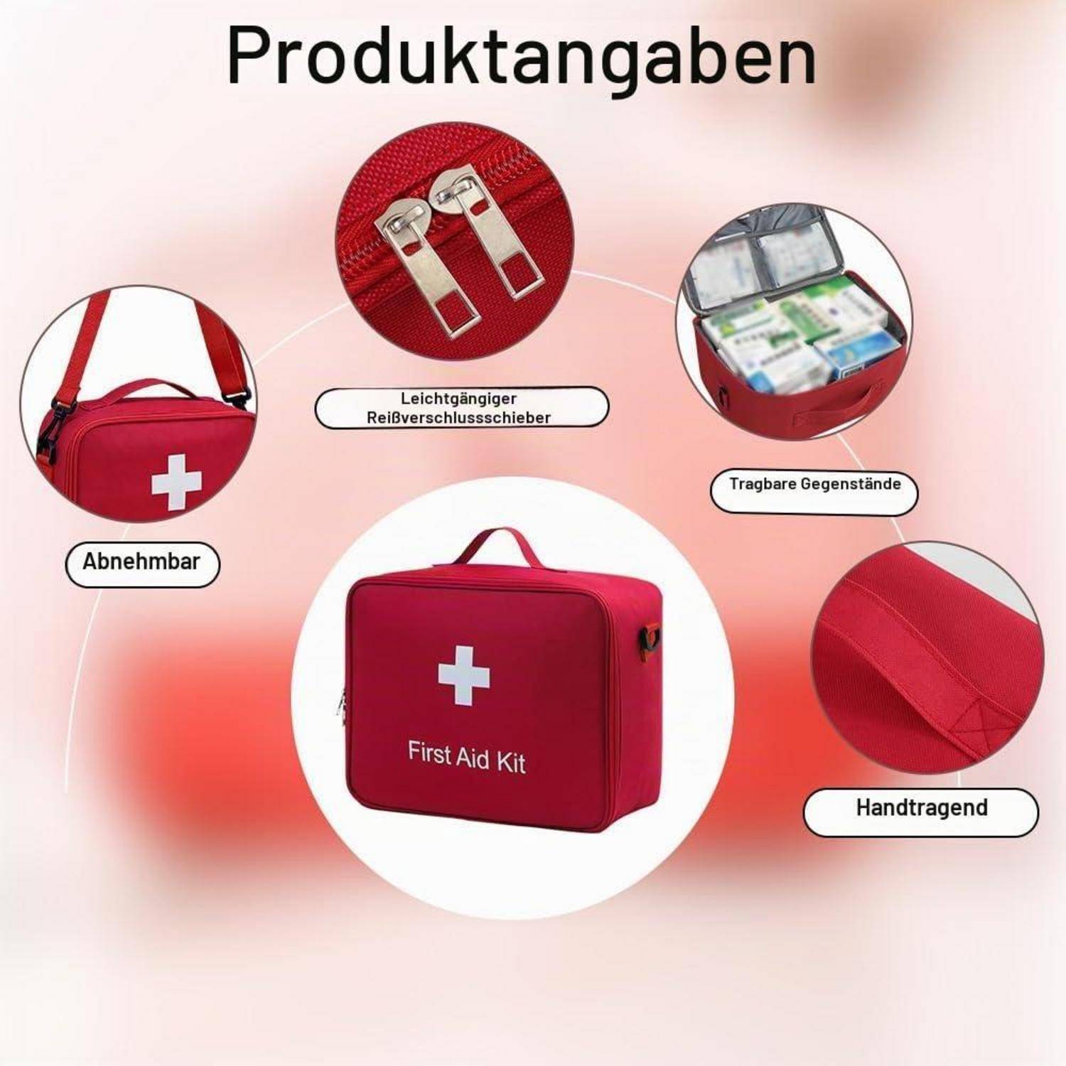 Produktmerkmale-Grafik für einen roten Erste-Hilfe-Kasten: abnehmbarer Riemen, leicht zu öffnende Reißverschlüsse, tragbare Artikel und Handtragetasche-Design.