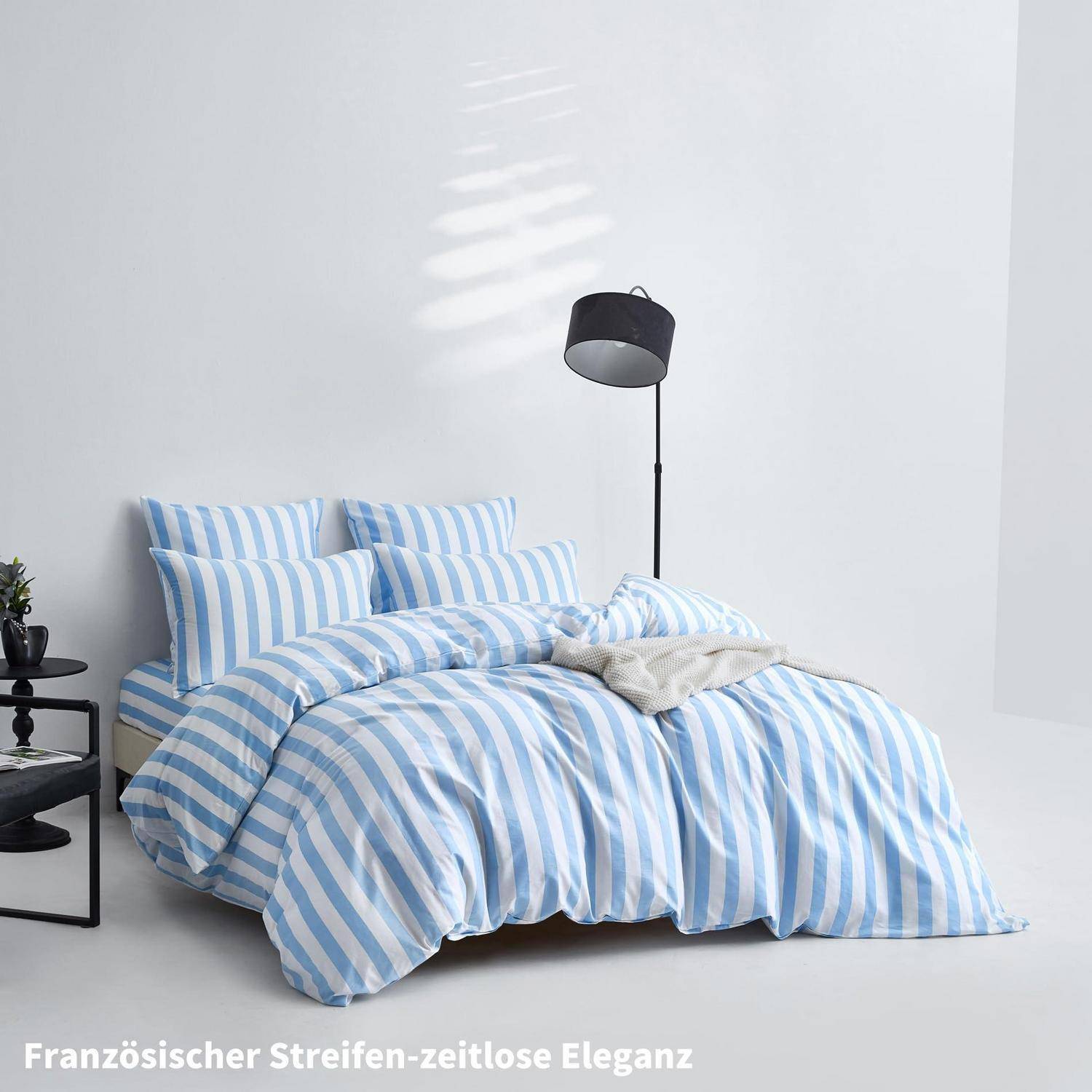 Bettwäsche-Set 135x200 cm Baumwolle Blau Weiß Gestreift 2-teilig mit Reißverschluss