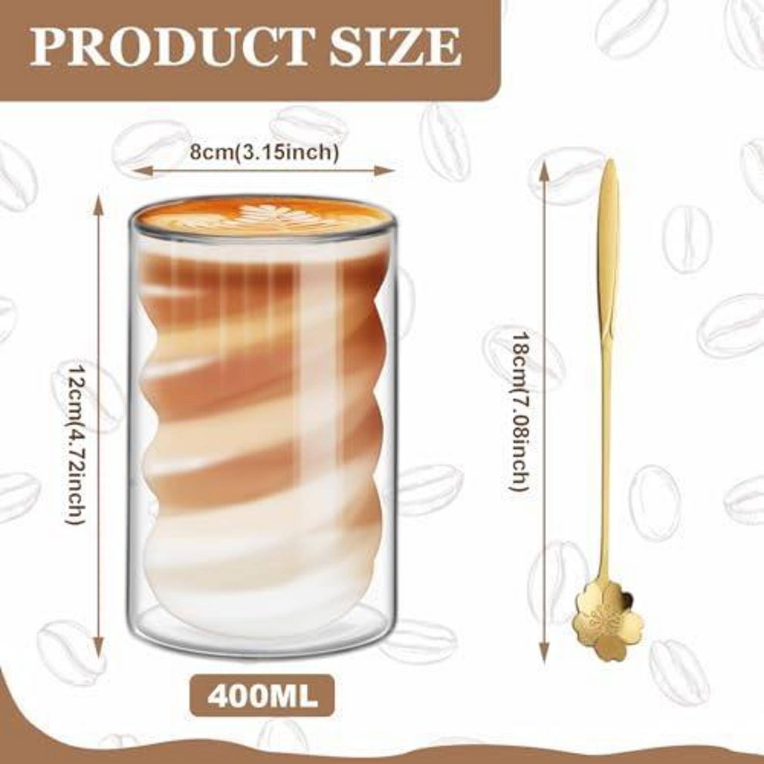 Produktgrößengrafik mit einem 400-ml-Glas, 12 cm hoch und 8 cm breit, mit einem passenden 18 cm langen Löffel.