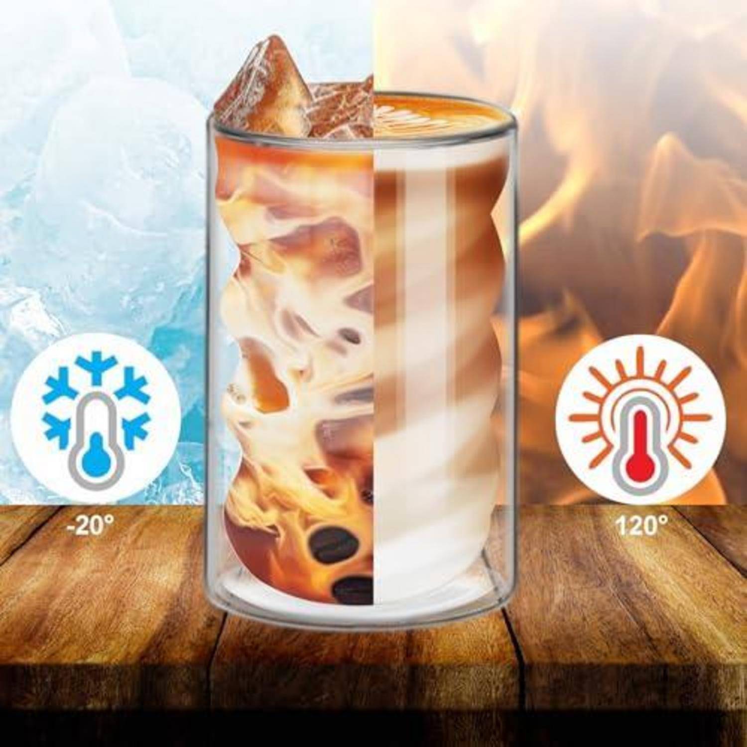 Ein Glas zeigt ein Getränk, das links bei -20° kalt bleibt und rechts bei 120° heiß bleibt, was die Wärmeisolierung veranschaulicht.