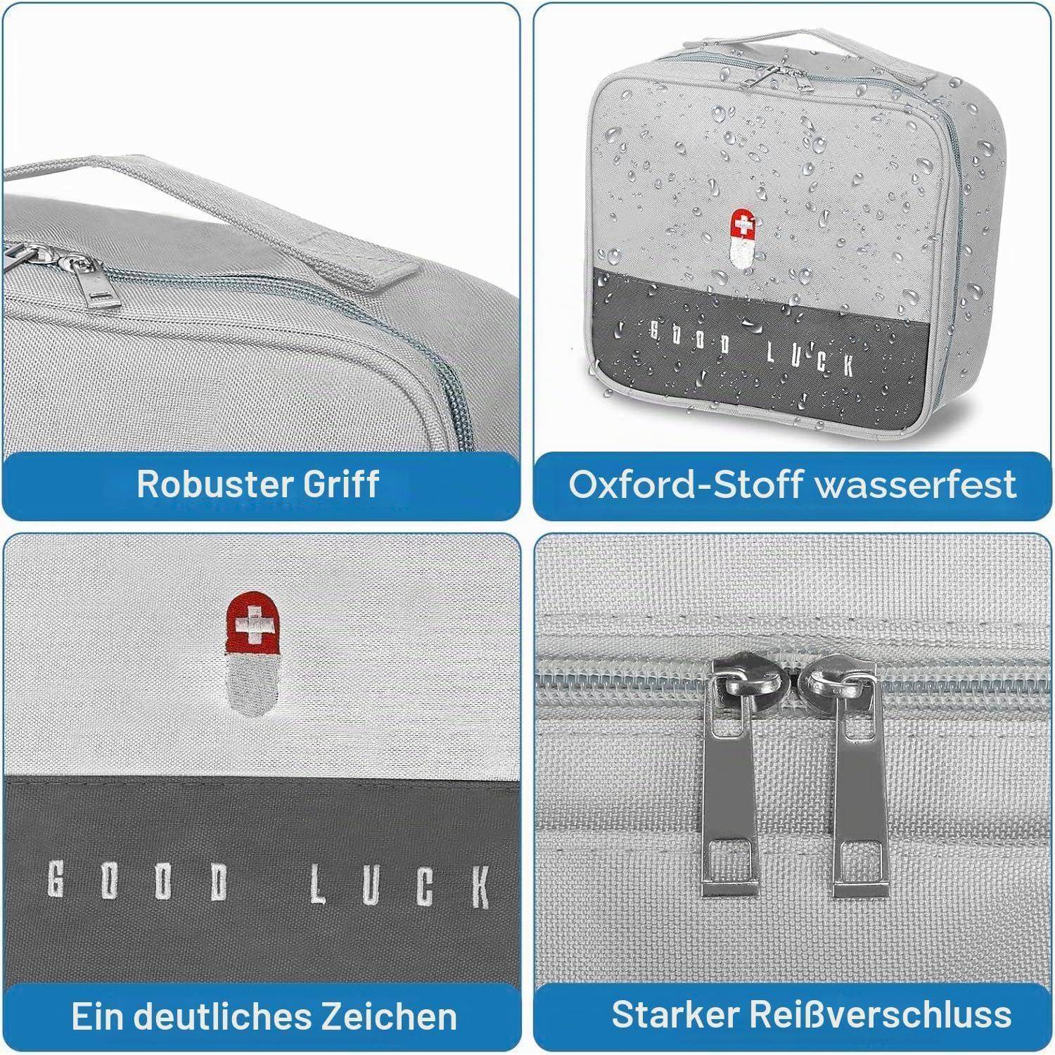 Vier-Panel-Produktcollage einer grauen „GOOD LUCK"-Tasche, die einen stabilen Griff, wasserabweisendes Oxford-Gewebe, klares Logo und einen starken Reißverschluss hervorhebt.