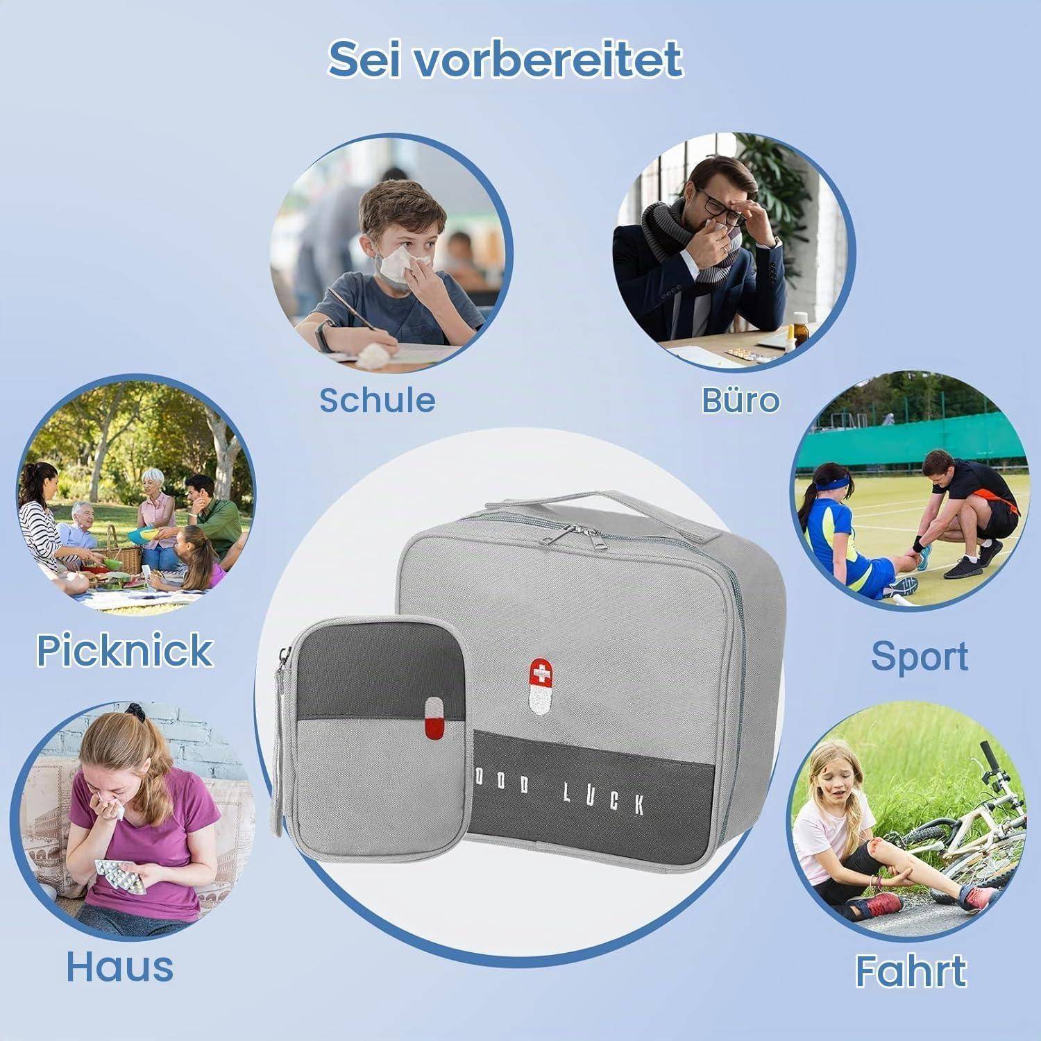 2er-Set Medikamententasche Reiseapotheke, Wasserfest, Oxford-Gewebe, Grau/Weiß