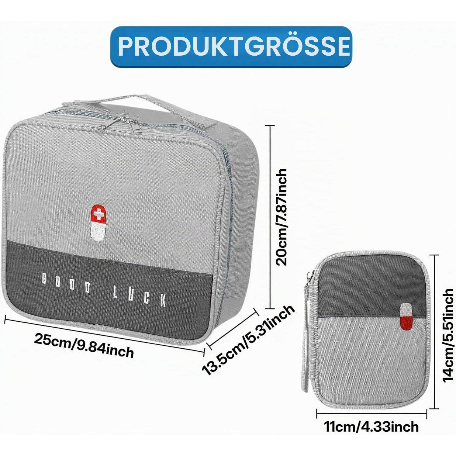 Produktgrößendiagramm mit einer grauen Reisetasche und einem kleineren Beutel, mit Abmessungen in Zentimetern und Zoll gekennzeichnet: Tasche 25 x 13,5 x 20 cm, Beutel 11 x 14 cm.
