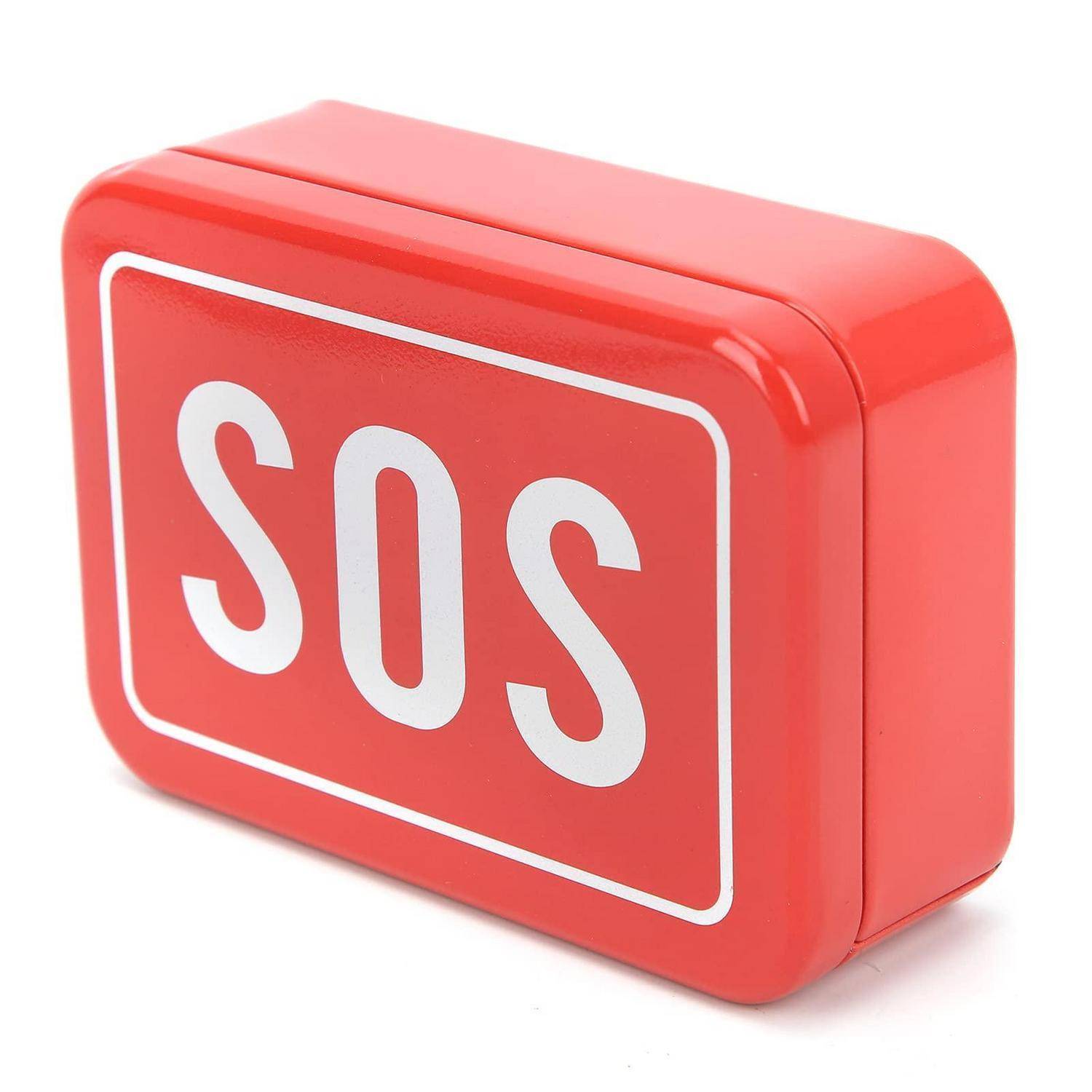 Rotes Notfallalarmfeld mit der Aufschrift „SOS" auf weißem Hintergrund.