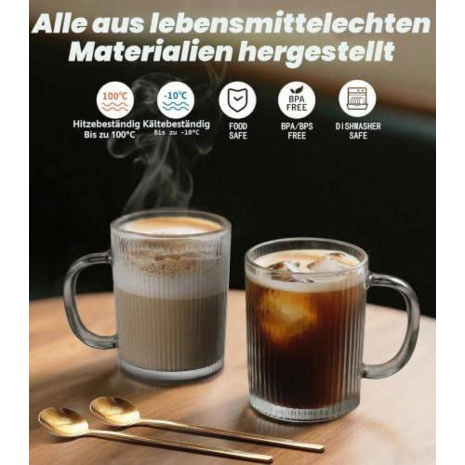 4er Cappuccino Tassen 350ml geriffelt mit Löffel Grau