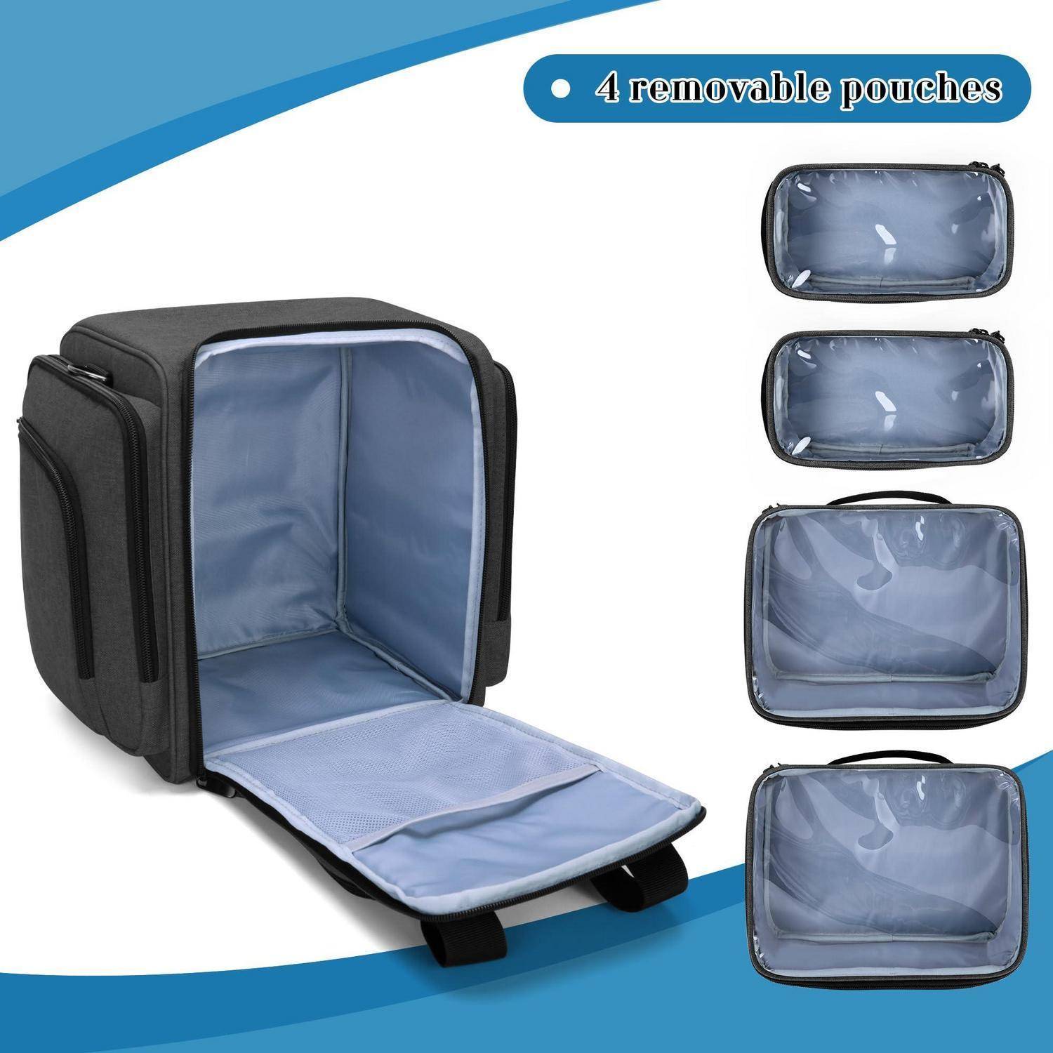 Schwarze isolierte Tasche mit offener Frontklappe und vier abnehmbaren transparenten Beuteln, die auf der rechten Seite gezeigt sind.