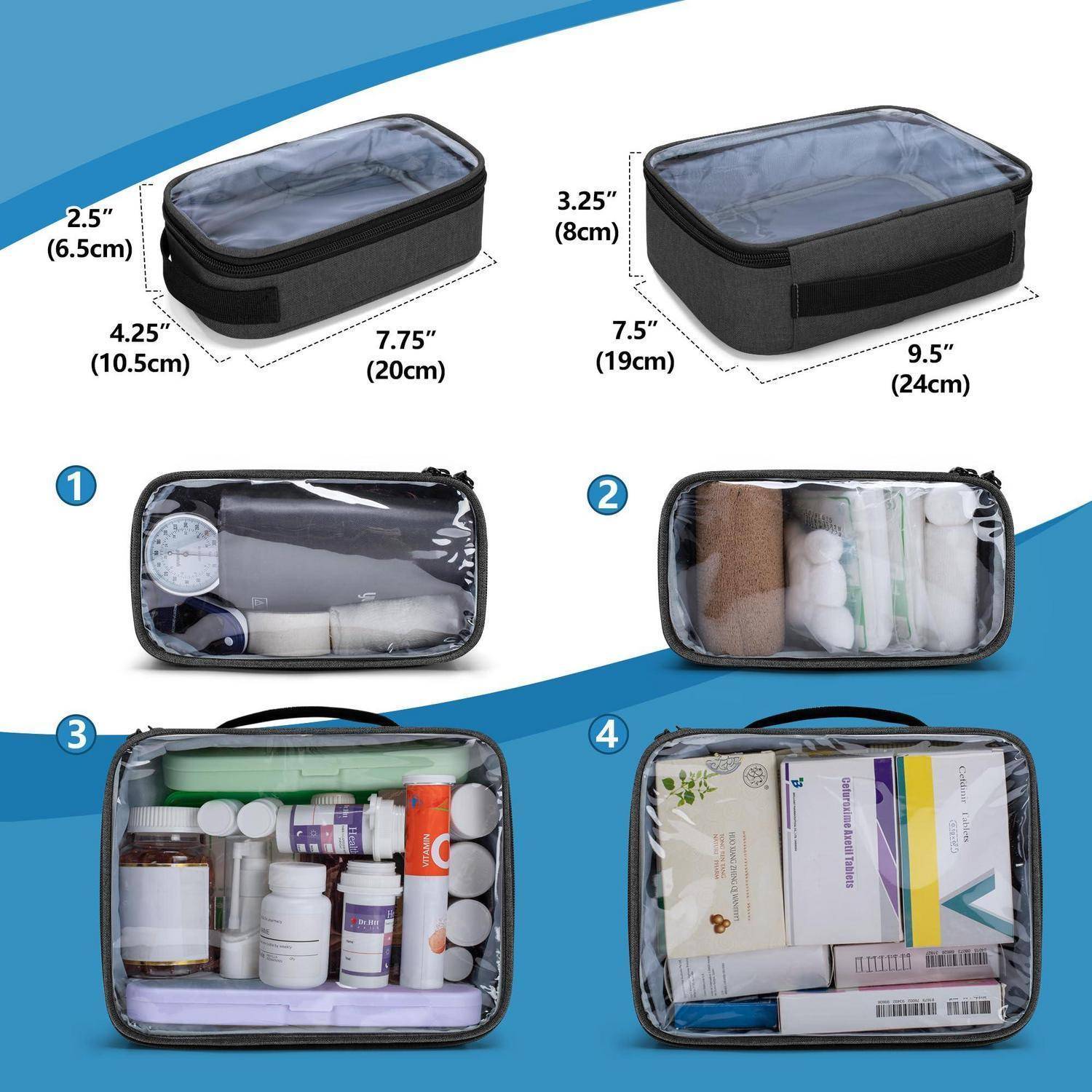 Produktbild einer klaren Oberseite schwarzer Reißverschluss-Kosmetiktasche, dargestellt in zwei Größen mit Abmessungen und vier gepackten Verwendungsbeispielen für Toilettenartikel, Flaschen und Dokumente.
