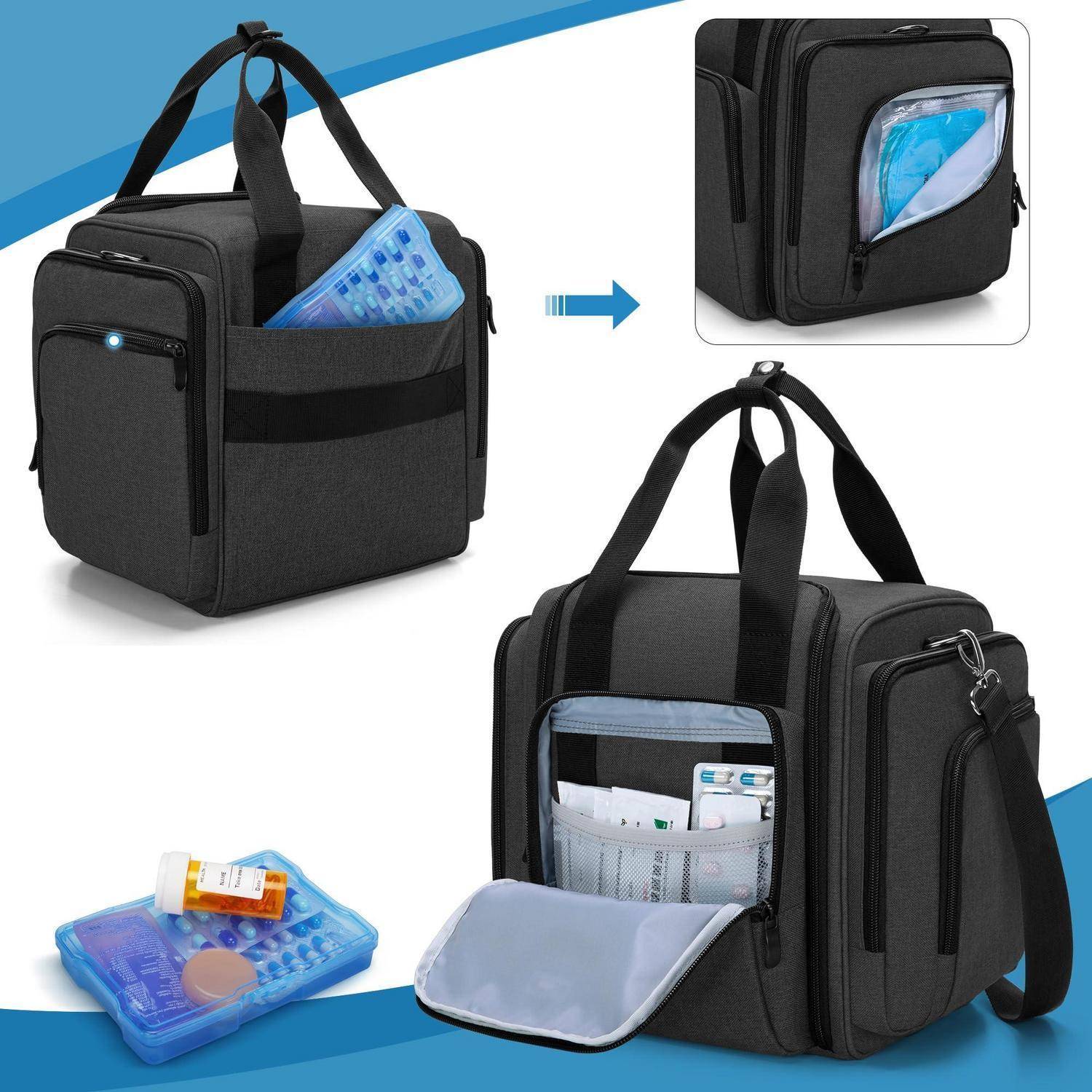 Isolierte schwarze Kühlertasche mit Griffen oben und Schultergurt, zeigt vordere und seitliche Taschen, die ein blaues Kühlpack und Dokumente enthalten.