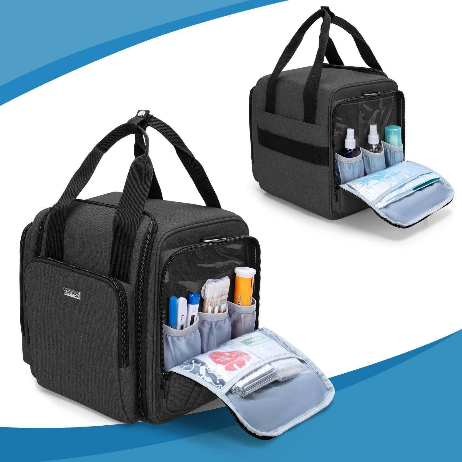 Schwarze isolierte Lunch-Tasche mit Schultergurten, gezeigt geschlossen und offen mit organisierten Getränkeflaschen, Besteck und Behältern für Lebensmittel im Inneren.