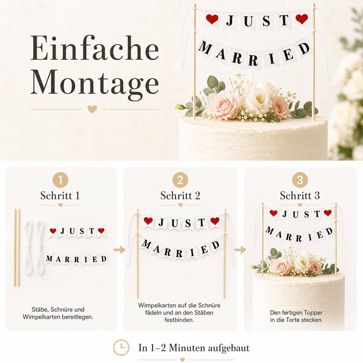 Tortendeko Wimpelkette Just Married Weiß
