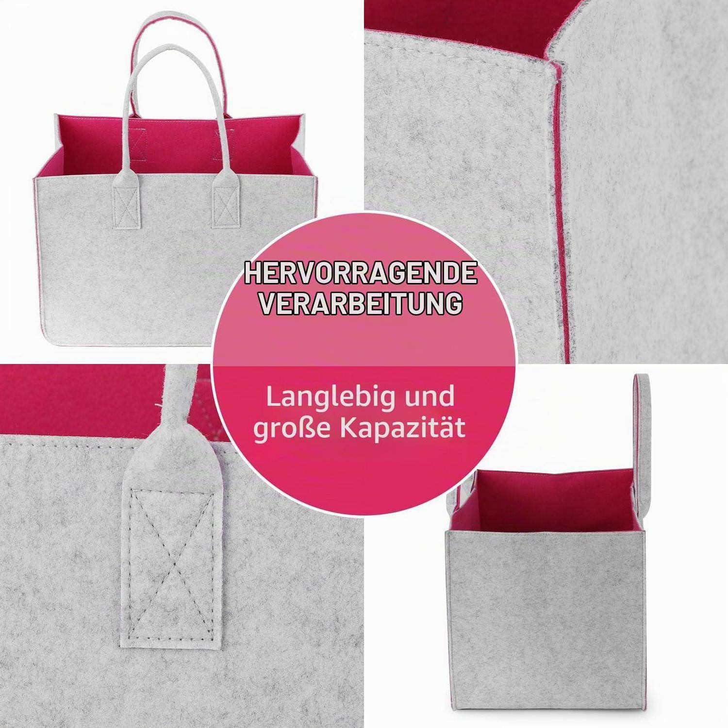 Collage einer grauen Filztragetasche mit rosa Futter, die Griffe und eine Nahaufnahme der Nähte zeigt, mit deutschem Text: 'HERVORRAGENDE VERARBEITUNG' und 'Langlebig und große Kapazität'.