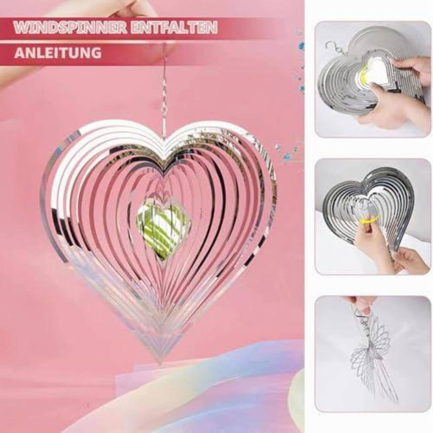 Anleitung für einen „Windspinner Entfalten" herzförmigen hängenden Windspinner mit Montageschritten und dem fertigen reflektierenden Herzdesign.