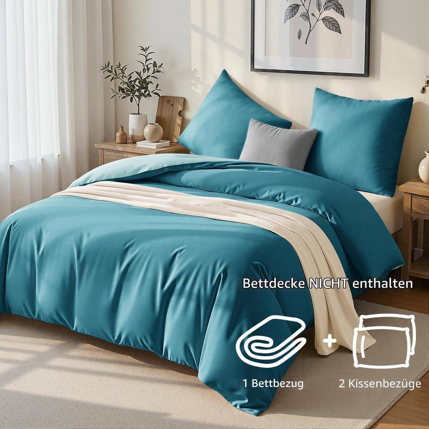 Bett mit petrolblauem Bettdeckenbezug-Set und zwei Kissenbezügen in einem hellen Schlafzimmer gezeigt; Overlay-Text sagt „Bettdecke NICHT enthalten